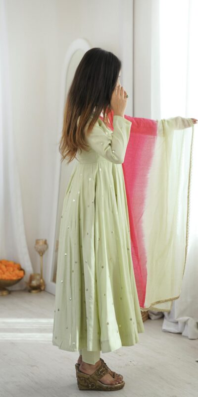 ZF 5023 Pista Roman Silk Gown with Mirror Work & Embroidery Work. Special Price ₹2099. Delivery 4-6 Working Days. Shop now. | Bollywood Gowns, Creative Gowns, Designer Gowns, Embroidered Gowns, Gowns, Party Wear Gowns
