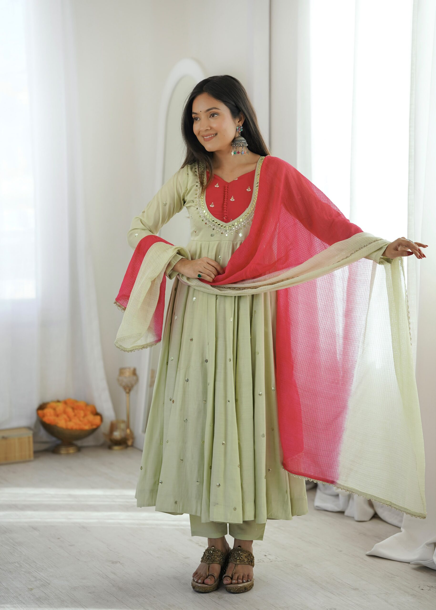 ZF 5023 Pista Roman Silk Gown with Mirror Work & Embroidery Work. Special Price ₹2099. Delivery 4-6 Working Days. Shop now. | Bollywood Gowns, Creative Gowns, Designer Gowns, Embroidered Gowns, Gowns, Party Wear Gowns