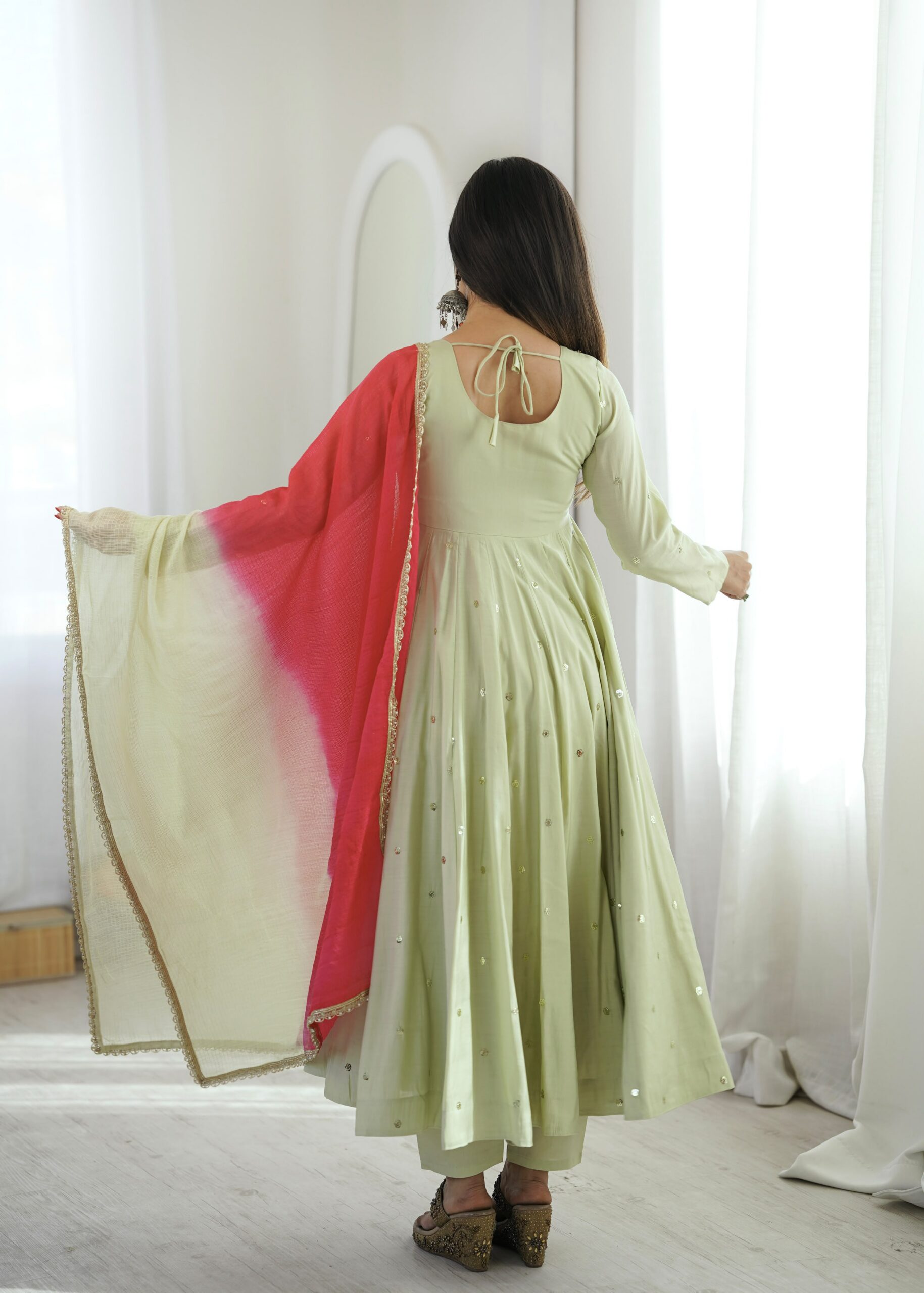 ZF 5023 Pista Roman Silk Gown with Mirror Work & Embroidery Work. Special Price ₹2099. Delivery 4-6 Working Days. Shop now. | Bollywood Gowns, Creative Gowns, Designer Gowns, Embroidered Gowns, Gowns, Party Wear Gowns