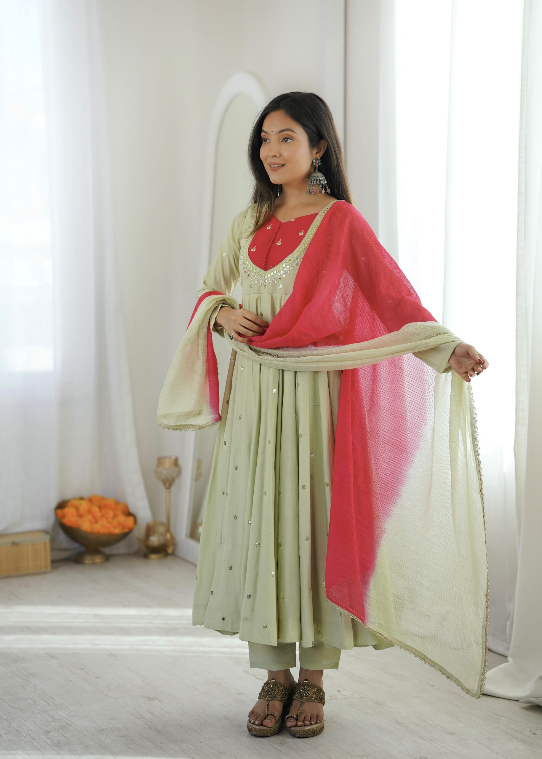ZF 5023 Pista Roman Silk Gown with Mirror Work & Embroidery Work. Special Price ₹2099. Delivery 4-6 Working Days. Shop now. | Bollywood Gowns, Creative Gowns, Designer Gowns, Embroidered Gowns, Gowns, Party Wear Gowns