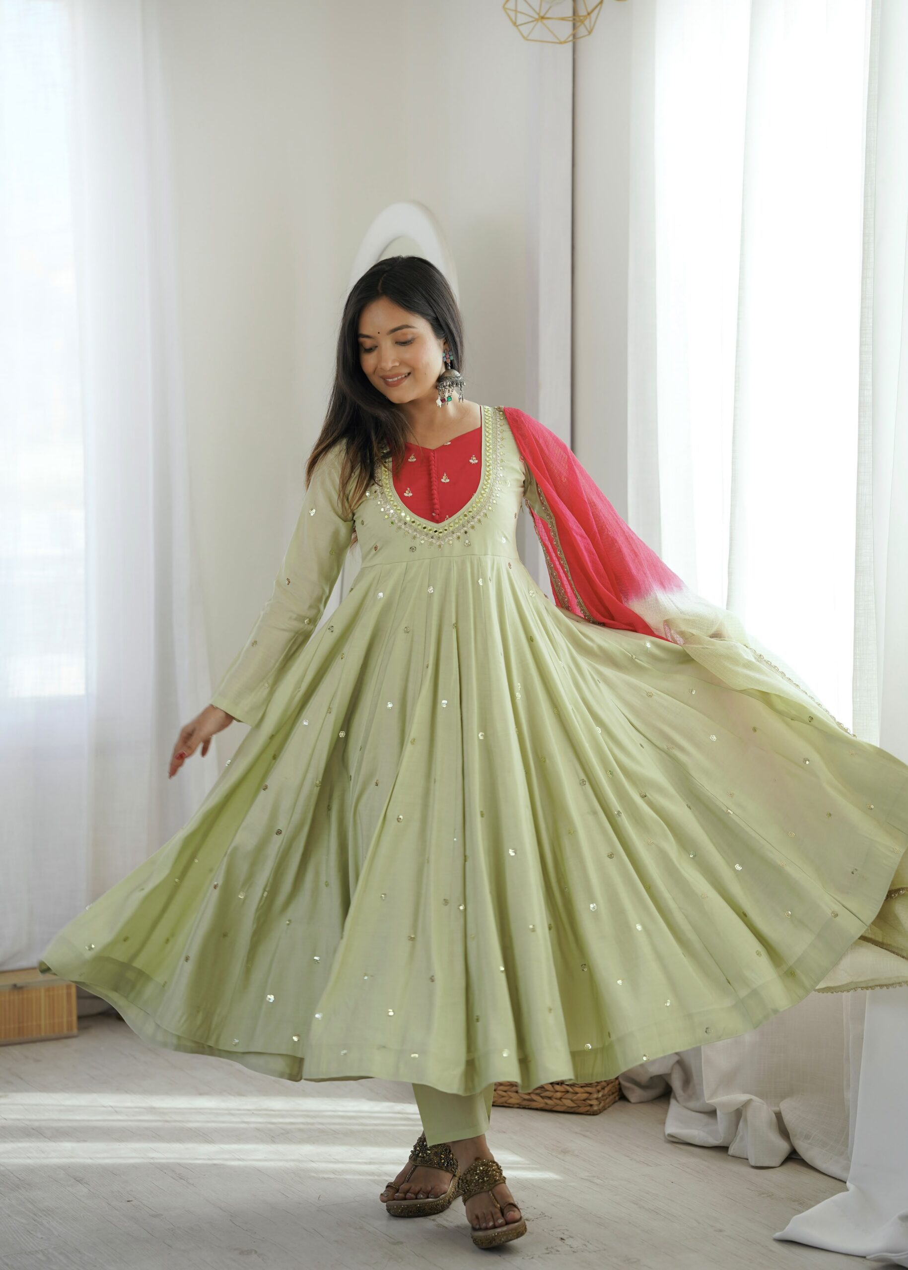 ZF 5023 Pista Roman Silk Gown with Mirror Work & Embroidery Work. Special Price ₹2099. Delivery 4-6 Working Days. Shop now. | Bollywood Gowns, Creative Gowns, Designer Gowns, Embroidered Gowns, Gowns, Party Wear Gowns