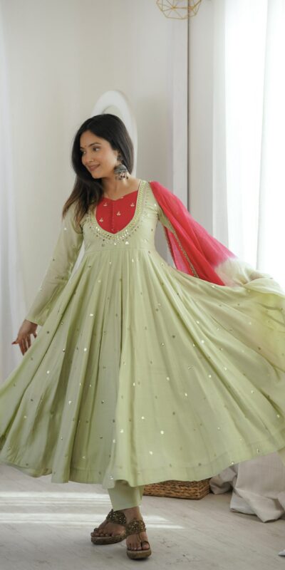ZF 5023 Pista Roman Silk Gown with Mirror Work & Embroidery Work. Special Price ₹2099. Delivery 4-6 Working Days. Shop now. | Bollywood Gowns, Creative Gowns, Designer Gowns, Embroidered Gowns, Gowns, Party Wear Gowns