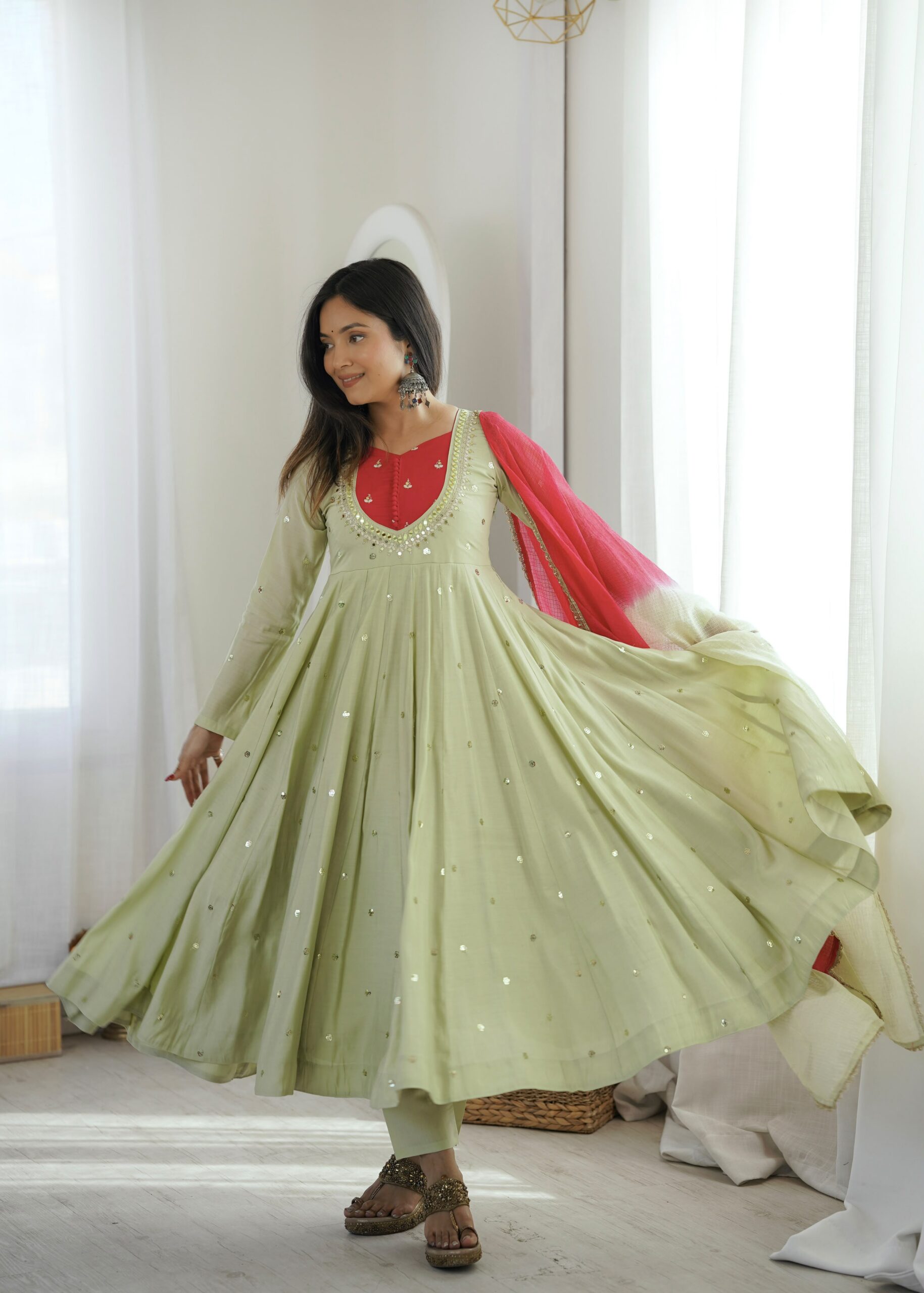 ZF 5023 Pista Roman Silk Gown with Mirror Work & Embroidery Work. Special Price ₹2099. Delivery 4-6 Working Days. Shop now. | Bollywood Gowns, Creative Gowns, Designer Gowns, Embroidered Gowns, Gowns, Party Wear Gowns
