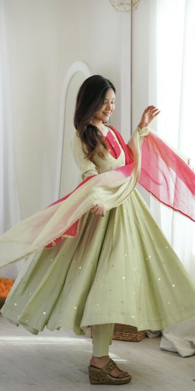 ZF 5023 Pista Roman Silk Gown with Mirror Work & Embroidery Work. Special Price ₹2099. Delivery 4-6 Working Days. Shop now. | Bollywood Gowns, Creative Gowns, Designer Gowns, Embroidered Gowns, Gowns, Party Wear Gowns
