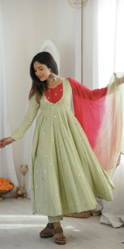 ZF 5023 Pista Roman Silk Gown with Mirror Work & Embroidery Work. Special Price ₹2099. Delivery 4-6 Working Days. Shop now. | Bollywood Gowns, Creative Gowns, Designer Gowns, Embroidered Gowns, Gowns, Party Wear Gowns