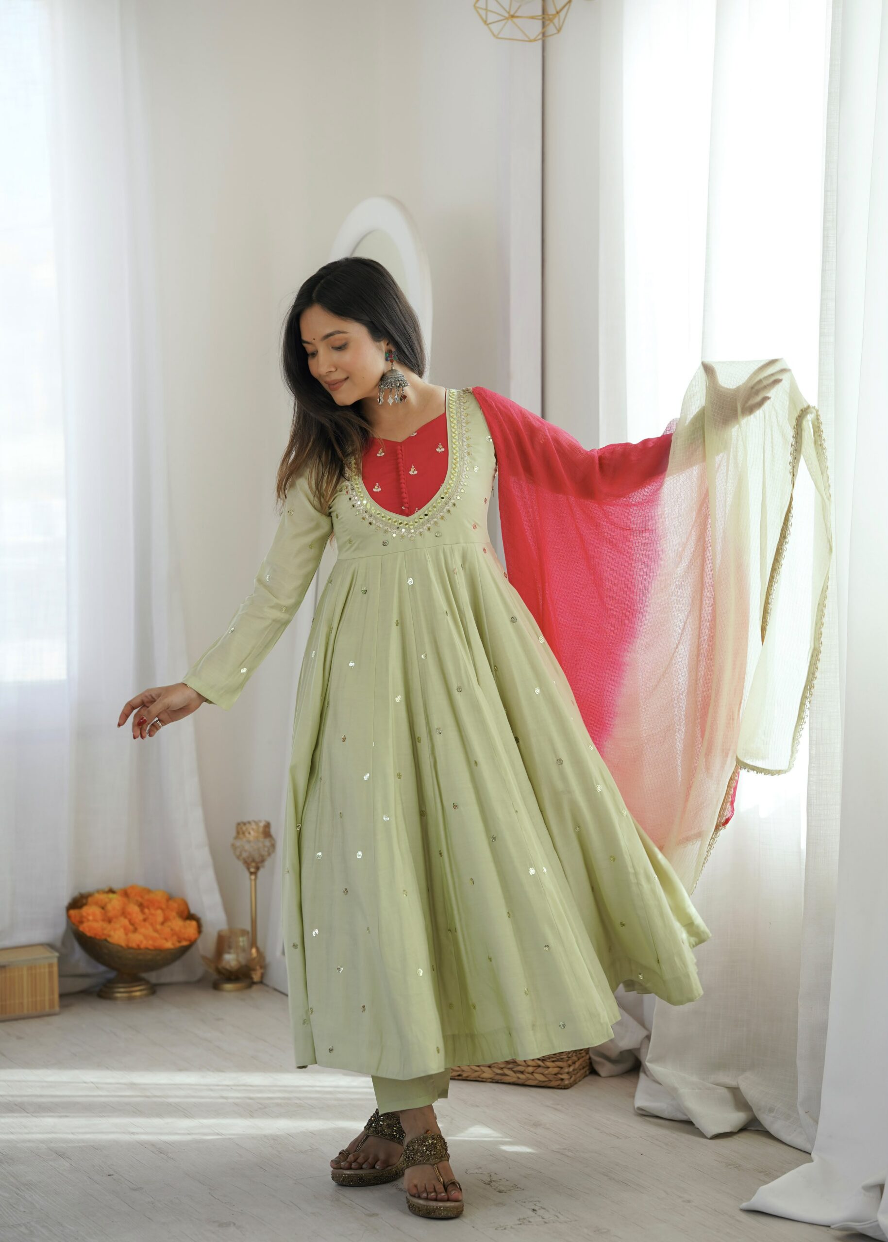 ZF 5023 Pista Roman Silk Gown with Mirror Work & Embroidery Work. Special Price ₹2099. Delivery 4-6 Working Days. Shop now. | Bollywood Gowns, Creative Gowns, Designer Gowns, Embroidered Gowns, Gowns, Party Wear Gowns