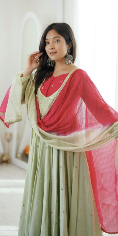 ZF 5023 Pista Roman Silk Gown with Mirror Work & Embroidery Work. Special Price ₹2099. Delivery 4-6 Working Days. Shop now. | Bollywood Gowns, Creative Gowns, Designer Gowns, Embroidered Gowns, Gowns, Party Wear Gowns