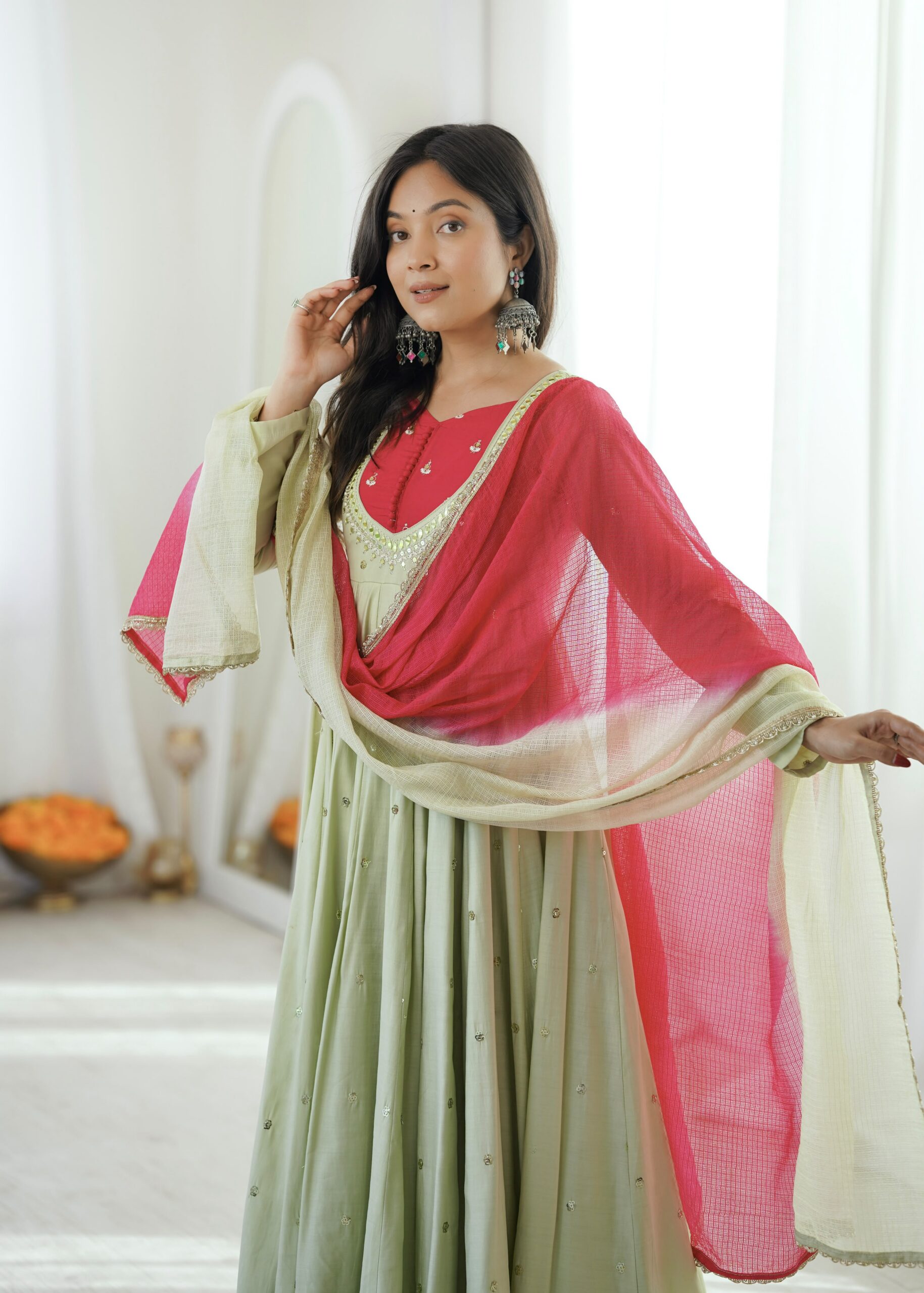 ZF 5023 Pista Roman Silk Gown with Mirror Work & Embroidery Work. Special Price ₹2099. Delivery 4-6 Working Days. Shop now. | Bollywood Gowns, Creative Gowns, Designer Gowns, Embroidered Gowns, Gowns, Party Wear Gowns