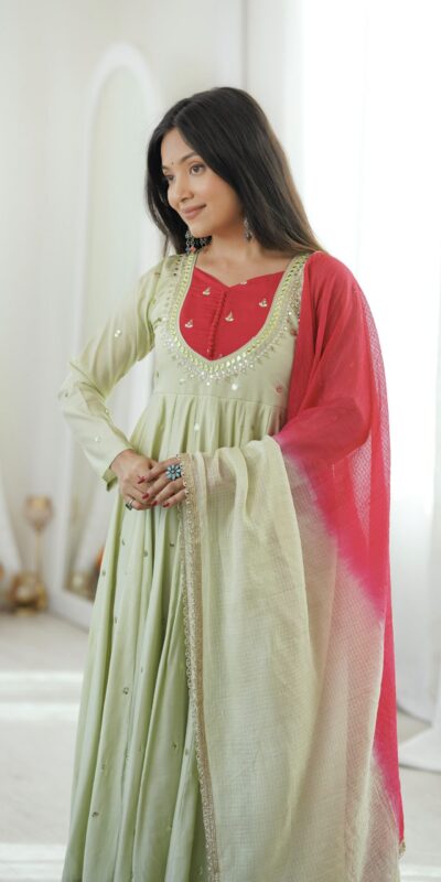 ZF 5023 Pista Roman Silk Gown with Mirror Work & Embroidery Work. Special Price ₹2099. Delivery 4-6 Working Days. Shop now. | Bollywood Gowns, Creative Gowns, Designer Gowns, Embroidered Gowns, Gowns, Party Wear Gowns