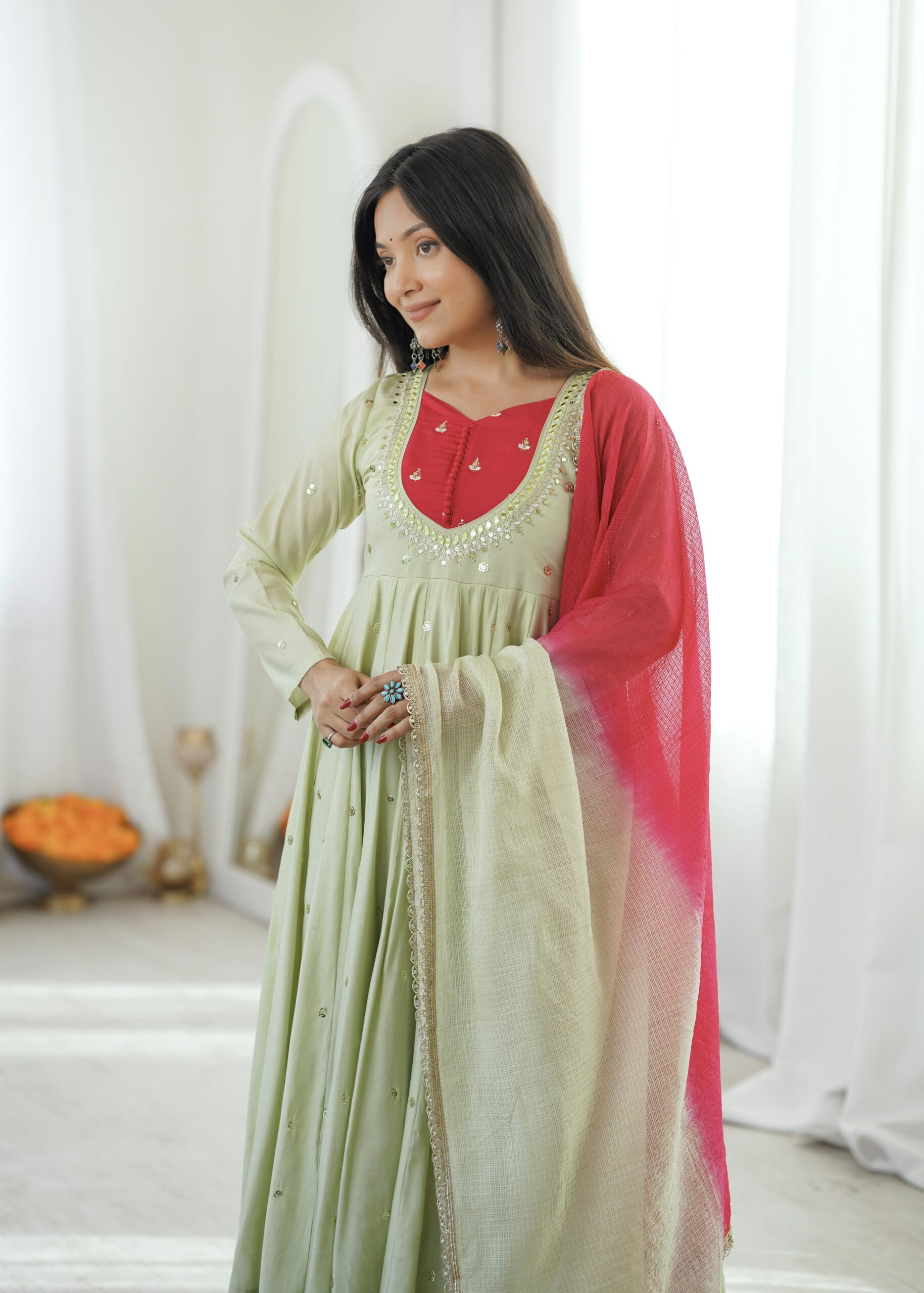 ZF 5023 Pista Roman Silk Gown with Mirror Work & Embroidery Work. Special Price ₹2099. Delivery 4-6 Working Days. Shop now. | Bollywood Gowns, Creative Gowns, Designer Gowns, Embroidered Gowns, Gowns, Party Wear Gowns