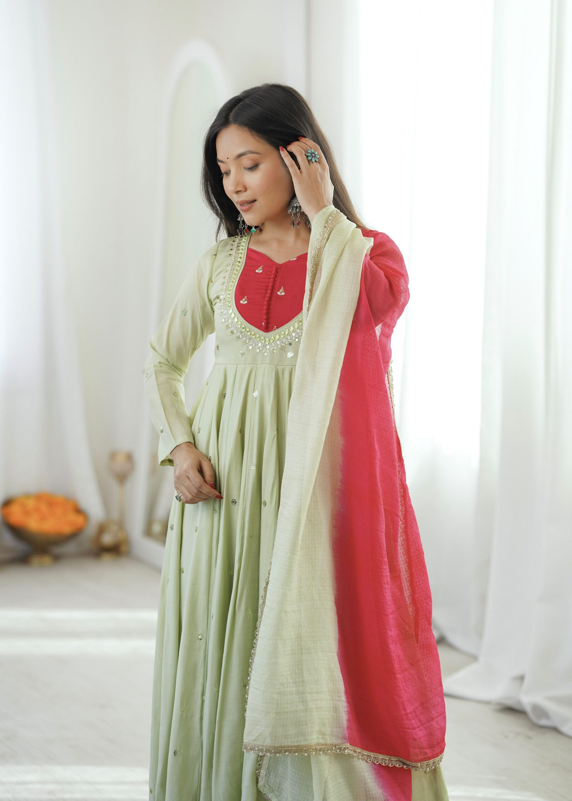 ZF 5023 Pista Roman Silk Gown with Mirror Work & Embroidery Work. Special Price ₹2099. Delivery 4-6 Working Days. Shop now. | Bollywood Gowns, Creative Gowns, Designer Gowns, Embroidered Gowns, Gowns, Party Wear Gowns