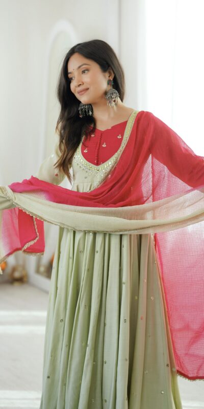 ZF 5023 Pista Roman Silk Gown with Mirror Work & Embroidery Work. Special Price ₹2099. Delivery 4-6 Working Days. Shop now. | Bollywood Gowns, Creative Gowns, Designer Gowns, Embroidered Gowns, Gowns, Party Wear Gowns