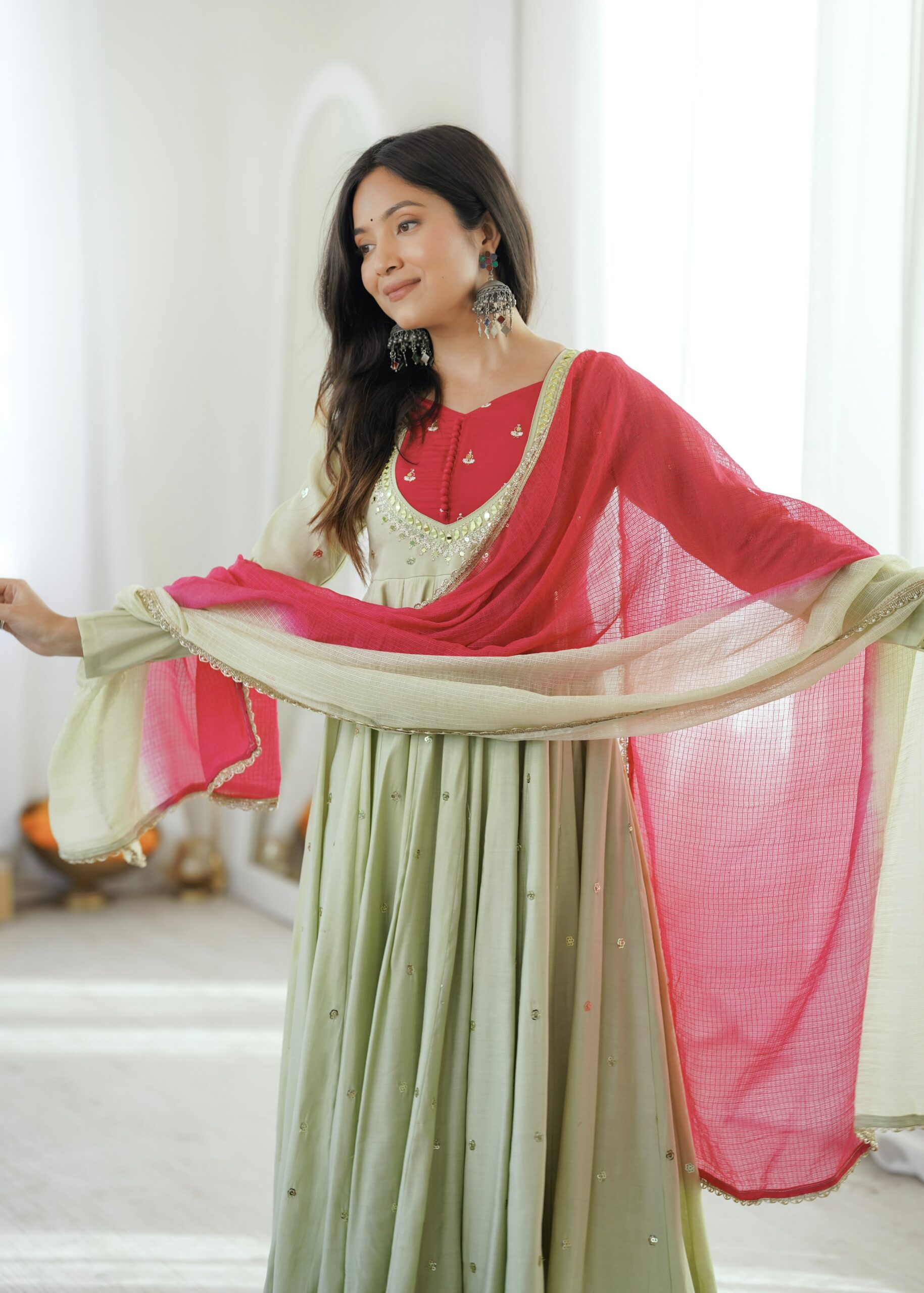 ZF 5023 Pista Roman Silk Gown with Mirror Work & Embroidery Work. Special Price ₹2099. Delivery 4-6 Working Days. Shop now. | Bollywood Gowns, Creative Gowns, Designer Gowns, Embroidered Gowns, Gowns, Party Wear Gowns