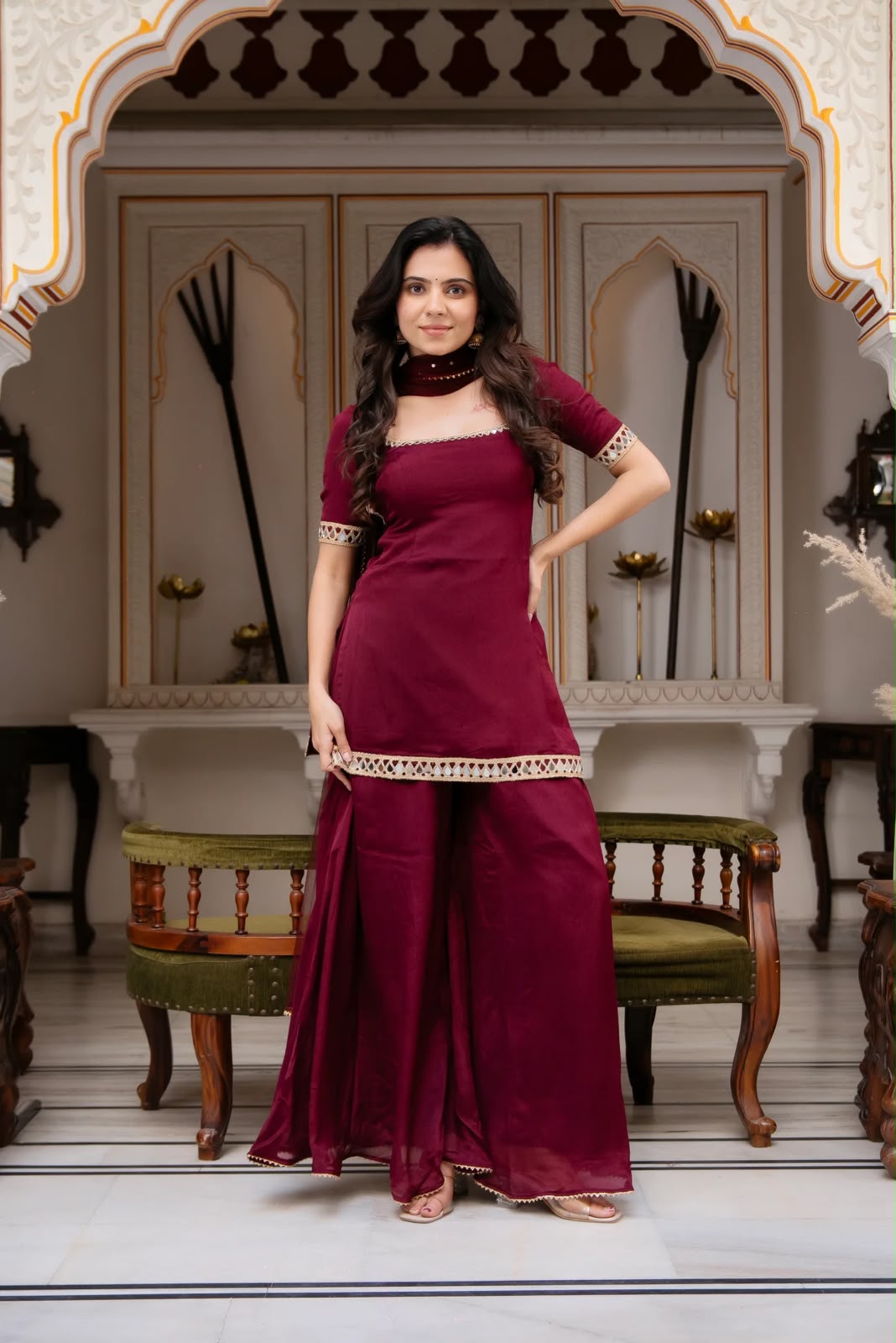 ST 1197 Maroon | Faux Georgette Salwar Suit with Mirror Work & Embroidery Work. Get it for ₹1849. Delivery 4-6 Working Days. Shop now. | Casual Suits, Jump Suits, Creative suits, Designer Suits, Palazzo Suits, Party Wear Suits, Patiala Suits, Salwar suit, Straight Suits