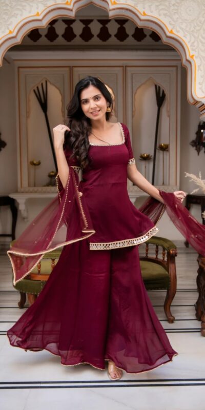 ST 1197 Maroon | Faux Georgette Salwar Suit with Mirror Work & Embroidery Work. Get it for ₹1849. Delivery 4-6 Working Days. Shop now. | Casual Suits, Jump Suits, Creative suits, Designer Suits, Palazzo Suits, Party Wear Suits, Patiala Suits, Salwar suit, Straight Suits