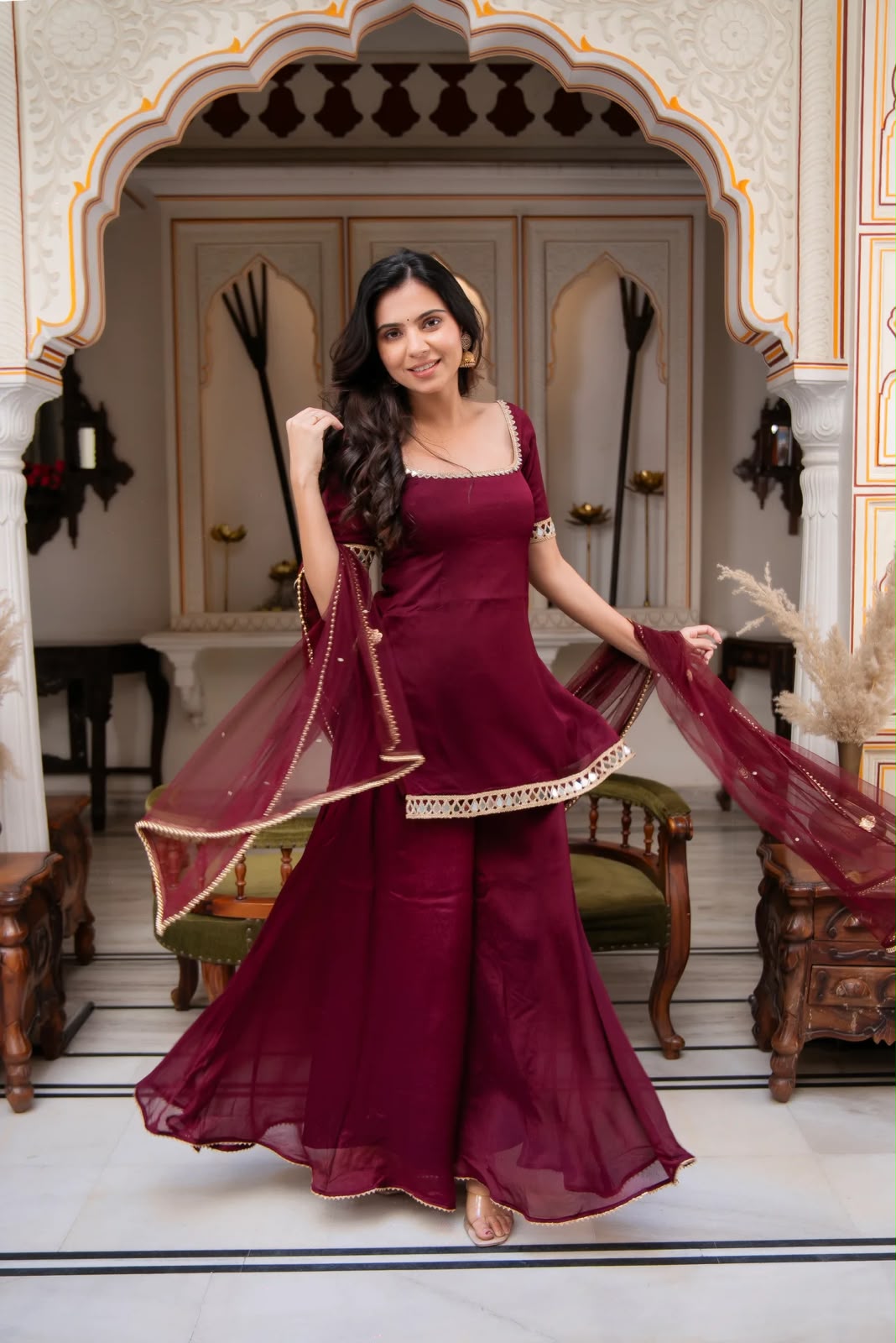 ST 1197 Maroon | Faux Georgette Salwar Suit with Mirror Work & Embroidery Work. Get it for ₹1849. Delivery 4-6 Working Days. Shop now. | Casual Suits, Jump Suits, Creative suits, Designer Suits, Palazzo Suits, Party Wear Suits, Patiala Suits, Salwar suit, Straight Suits