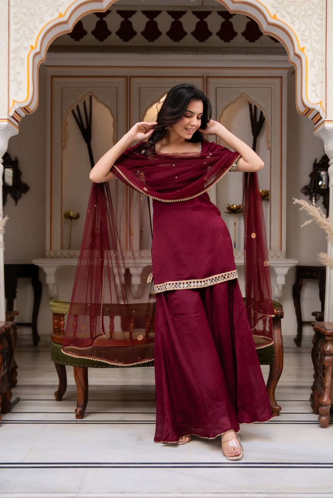 ST 1197 Maroon | Faux Georgette Salwar Suit with Mirror Work & Embroidery Work. Get it for ₹1849. Delivery 4-6 Working Days. Shop now. | Casual Suits, Jump Suits, Creative suits, Designer Suits, Palazzo Suits, Party Wear Suits, Patiala Suits, Salwar suit, Straight Suits