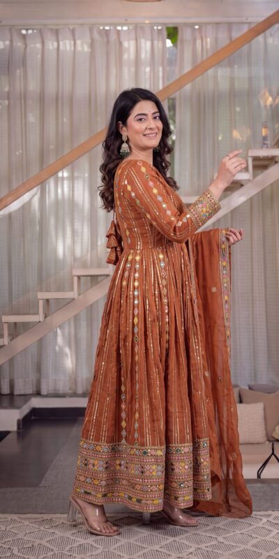 MD 3100 Orange Faux Blooming Gown Perfect for Wedding, Party, Pongal, Raksha Bandhan, Mehendi –. Introductory Price ₹2549. Delivery 4-6 Working Days | Bollywood Gowns, Creative Gowns, Designer Gowns, Embroidered Gowns, Gowns, Party Wear Gowns