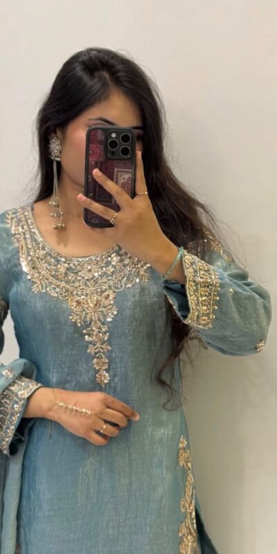 WW 1258 Sky Blue in Pure Zimmy Chu Silk Embroidery Work & Sequins Work Salwar Suit . Affordable Price ₹2099. Delivery 4-6 Working Days. Shop now. | Casual Suits, Jump Suits, Creative suits, Designer Suits, Palazzo Suits, Party Wear Suits, Patiala Suits, Salwar suit, Straight Suits