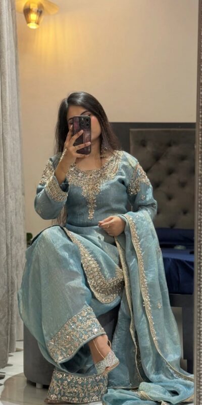 WW 1258 Sky Blue in Pure Zimmy Chu Silk Embroidery Work & Sequins Work Salwar Suit . Affordable Price ₹2099. Delivery 4-6 Working Days. Shop now. | Casual Suits, Jump Suits, Creative suits, Designer Suits, Palazzo Suits, Party Wear Suits, Patiala Suits, Salwar suit, Straight Suits