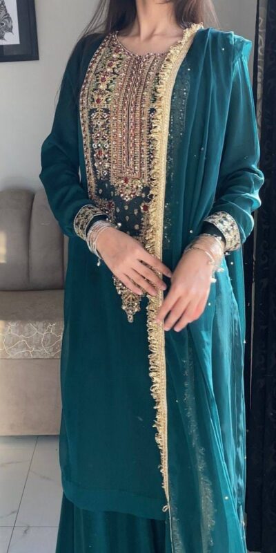 ZC 8021 Teal Fox Georgette Salwar Suit with Embroidery Work & Sequins Work. Exclusive Offer ₹2099. Delivery 4-6 Working Days. Shop now. | Casual Suits, Jump Suits, Creative suits, Designer Suits, Palazzo Suits, Party Wear Suits, Patiala Suits, Salwar suit, Straight Suits