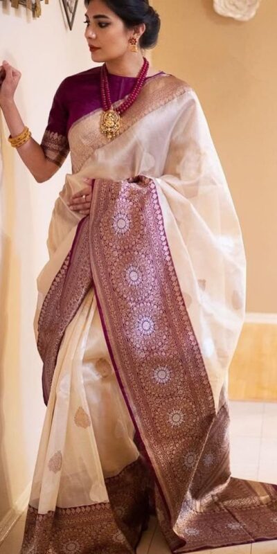 KPR 284 Off White Soft Lichi Silk Saree with Lace Work & Lace Border. Introductory Price ₹1549. Delivery 4-6 Working Days. Shop now. | Creative Sarees, Bollywood Sarees, Designer Sarees, Embroidered Sarees, Ethnic Saree, Modern Digital sarees, Party Wear Sarees, Sarees