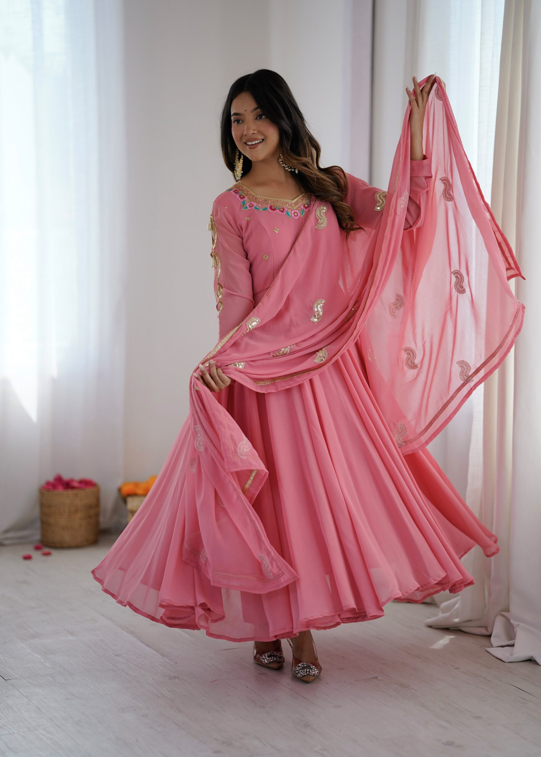 SRK 5363 Dusty Pink | Dusty Pink Faux Georgette Gown with Sequins Work & Embroidery Work. Affordable Price ₹2099. Delivery 4-6 Working Days. Shop now. | Bollywood Gowns, Creative Gowns, Designer Gowns, Embroidered Gowns, Gowns, Party Wear Gowns