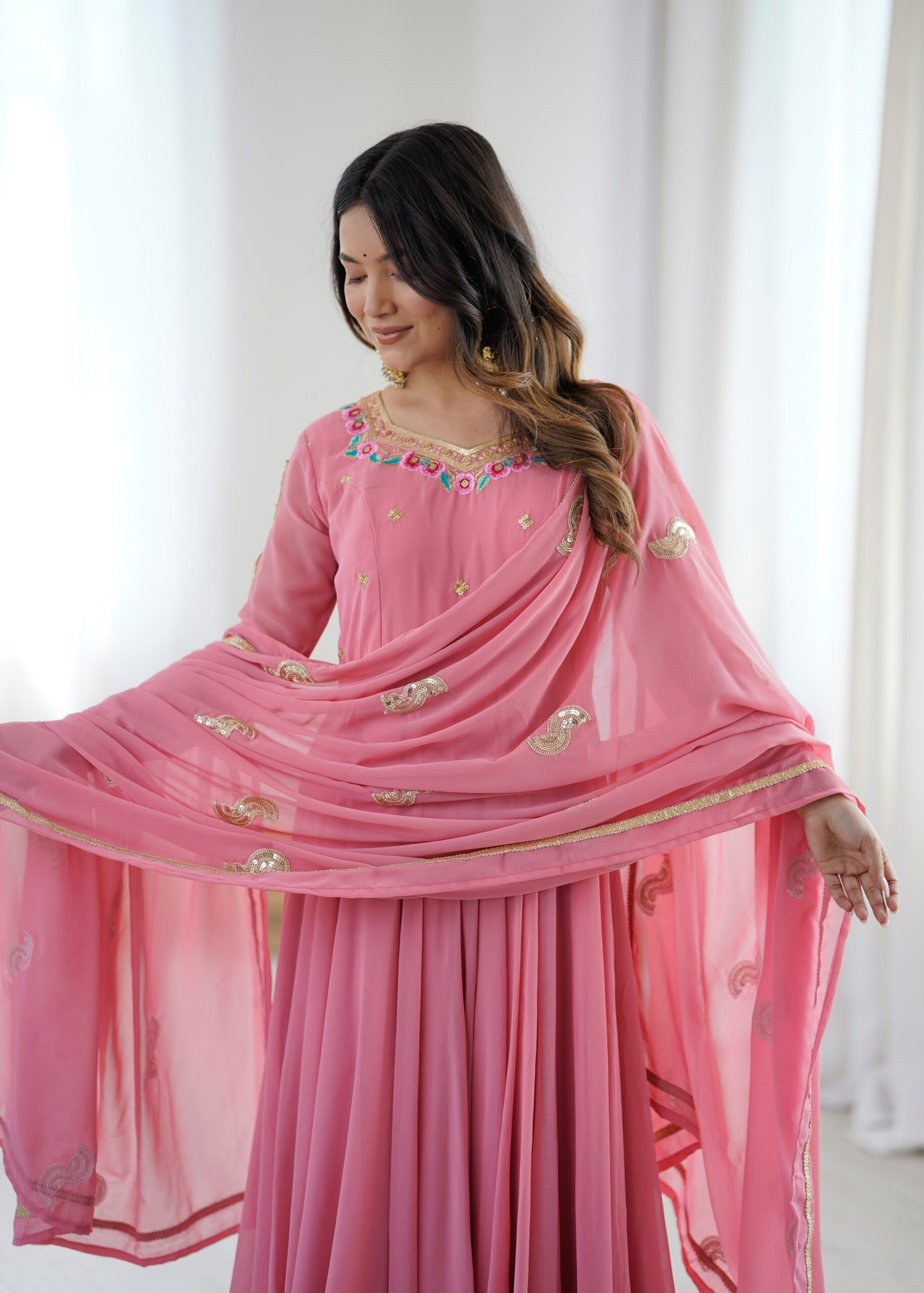 SRK 5363 Dusty Pink | Dusty Pink Faux Georgette Gown with Sequins Work & Embroidery Work. Affordable Price ₹2099. Delivery 4-6 Working Days. Shop now. | Bollywood Gowns, Creative Gowns, Designer Gowns, Embroidered Gowns, Gowns, Party Wear Gowns