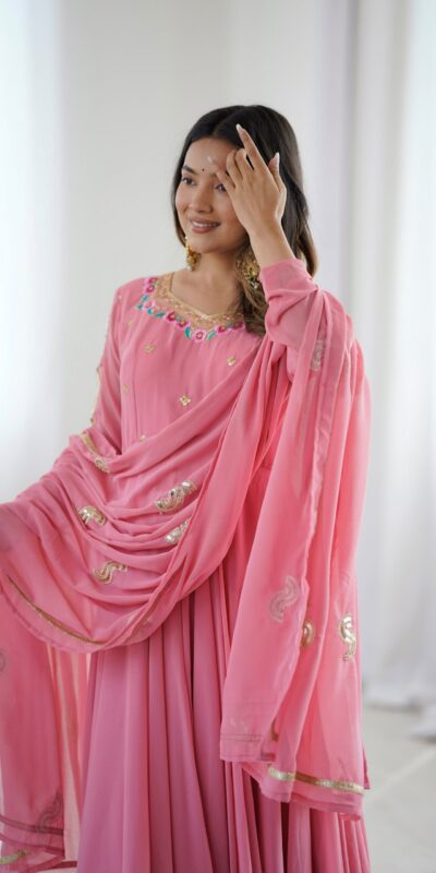 SRK 5363 Dusty Pink | Dusty Pink Faux Georgette Gown with Sequins Work & Embroidery Work. Affordable Price ₹2099. Delivery 4-6 Working Days. Shop now. | Bollywood Gowns, Creative Gowns, Designer Gowns, Embroidered Gowns, Gowns, Party Wear Gowns