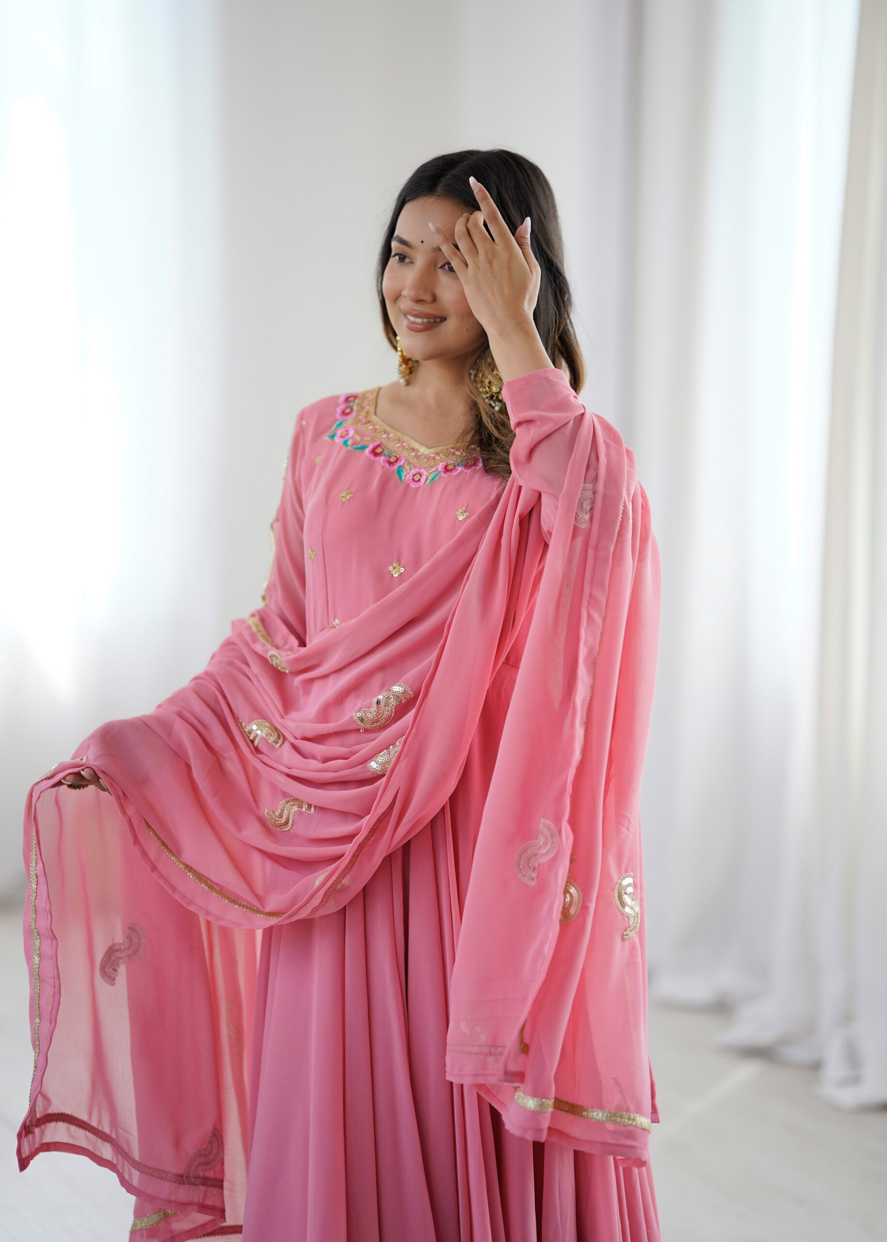 SRK 5363 Dusty Pink | Dusty Pink Faux Georgette Gown with Sequins Work & Embroidery Work. Affordable Price ₹2099. Delivery 4-6 Working Days. Shop now. | Bollywood Gowns, Creative Gowns, Designer Gowns, Embroidered Gowns, Gowns, Party Wear Gowns