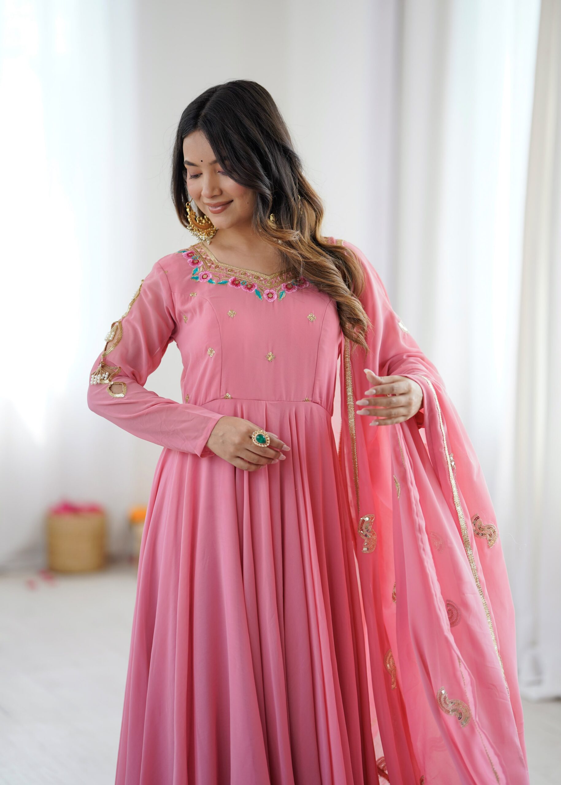 SRK 5363 Dusty Pink | Dusty Pink Faux Georgette Gown with Sequins Work & Embroidery Work. Affordable Price ₹2099. Delivery 4-6 Working Days. Shop now. | Bollywood Gowns, Creative Gowns, Designer Gowns, Embroidered Gowns, Gowns, Party Wear Gowns