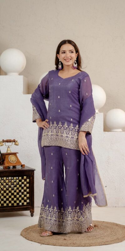 MD 3103 Lavender Crunchy Silk Salwar Suit with Embroidery Work & Sequins Work. Exclusive Offer ₹2399. Delivery 4-6 Working Days. Shop now. | Casual Suits, Jump Suits, Creative suits, Designer Suits, Palazzo Suits, Party Wear Suits, Patiala Suits, Salwar suit, Straight Suits