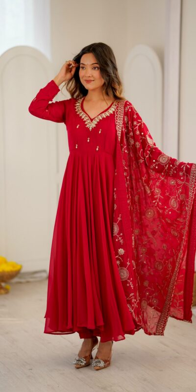 ZF 5025 Red Faux Georgette Gown Perfect for Wedding, Party, Raksha Bandhan, Temple Visit, Onam – . Get it for ₹2149. Delivery 4-6 Working Days. Shop now | Bollywood Gowns, Creative Gowns, Designer Gowns, Embroidered Gowns, Gowns, Party Wear Gowns