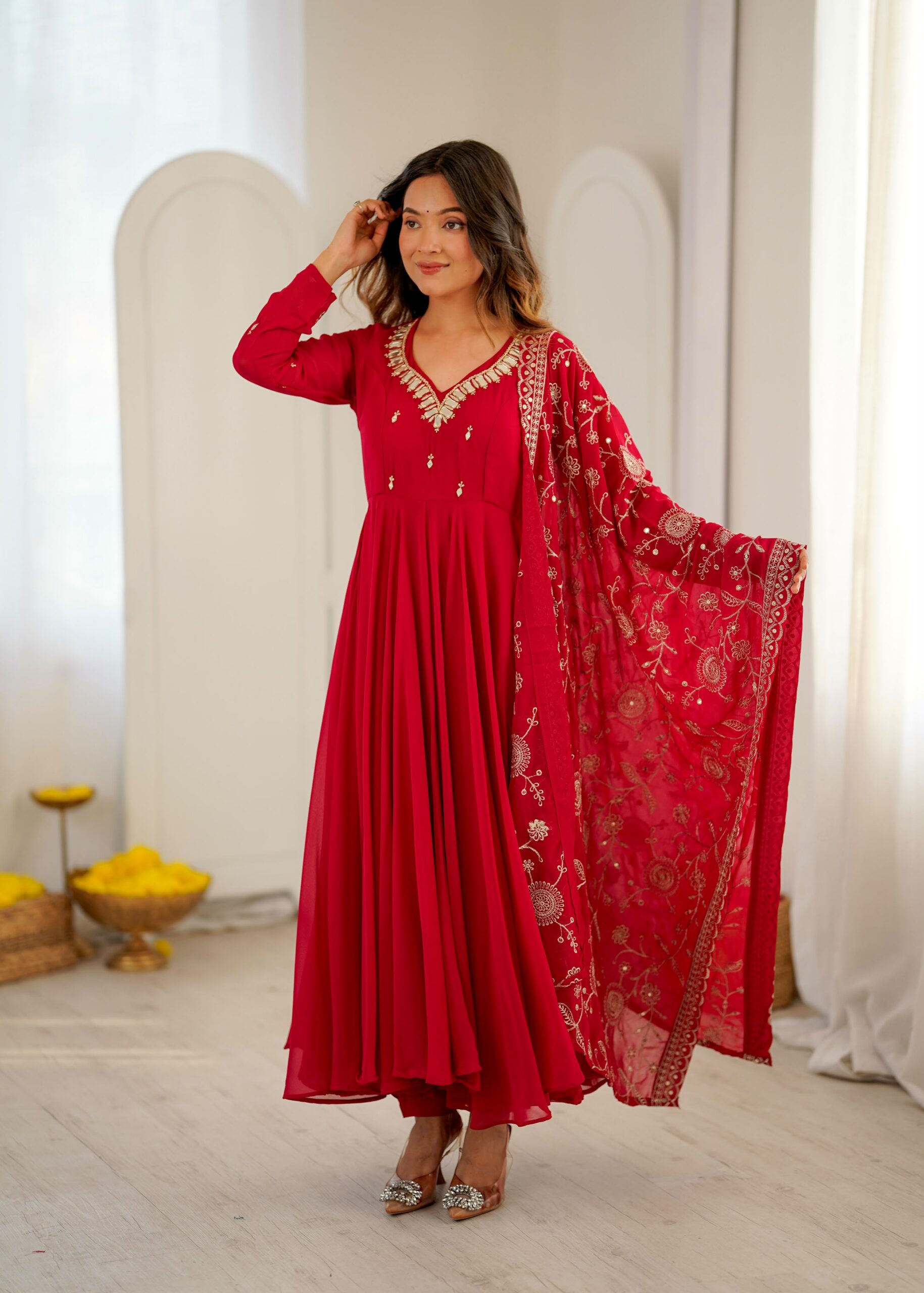 ZF 5025 Red Faux Georgette Gown Perfect for Wedding, Party, Raksha Bandhan, Temple Visit, Onam – . Get it for ₹2149. Delivery 4-6 Working Days. Shop now | Bollywood Gowns, Creative Gowns, Designer Gowns, Embroidered Gowns, Gowns, Party Wear Gowns