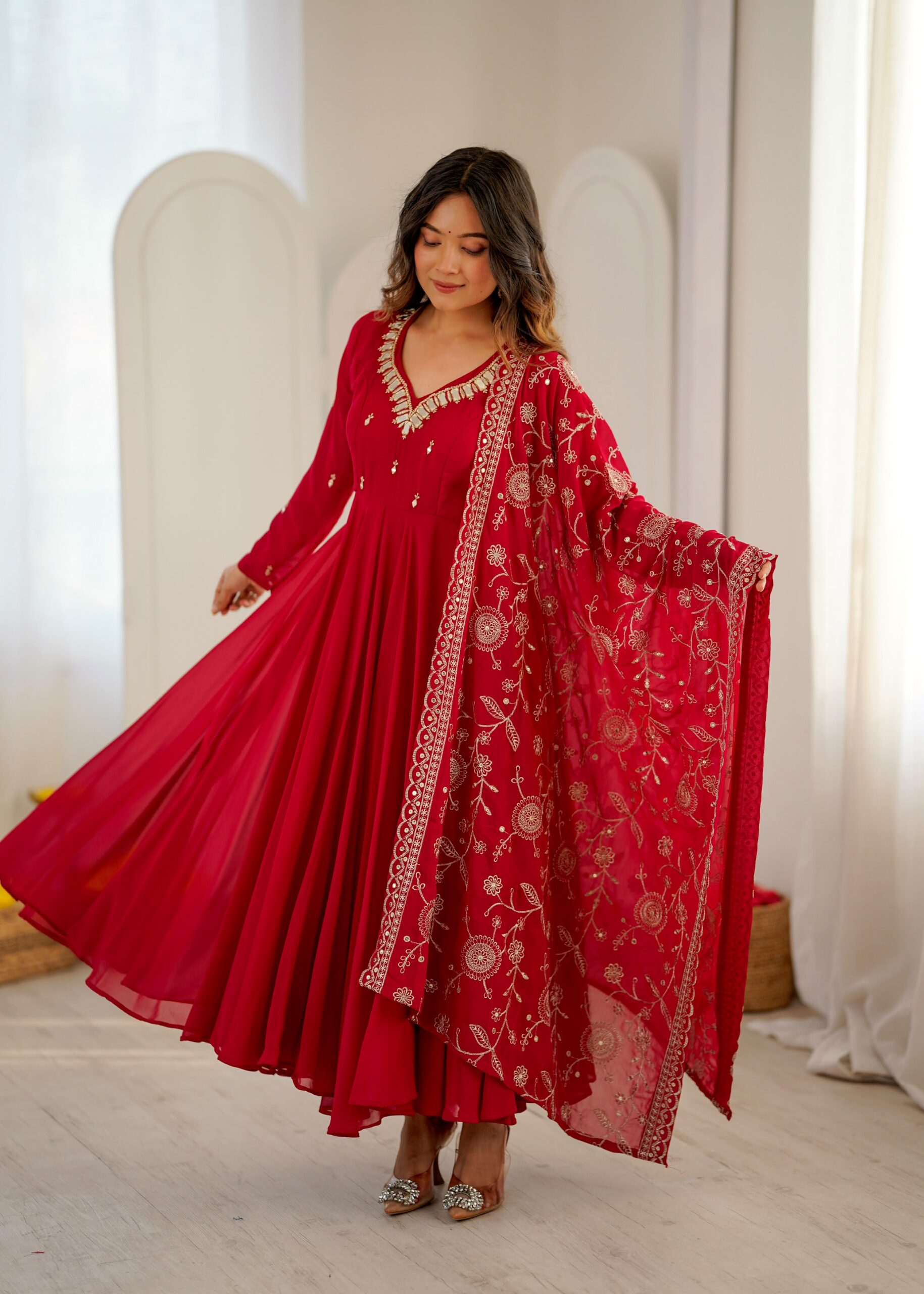 ZF 5025 Red Faux Georgette Gown Perfect for Wedding, Party, Raksha Bandhan, Temple Visit, Onam – . Get it for ₹2149. Delivery 4-6 Working Days. Shop now | Bollywood Gowns, Creative Gowns, Designer Gowns, Embroidered Gowns, Gowns, Party Wear Gowns