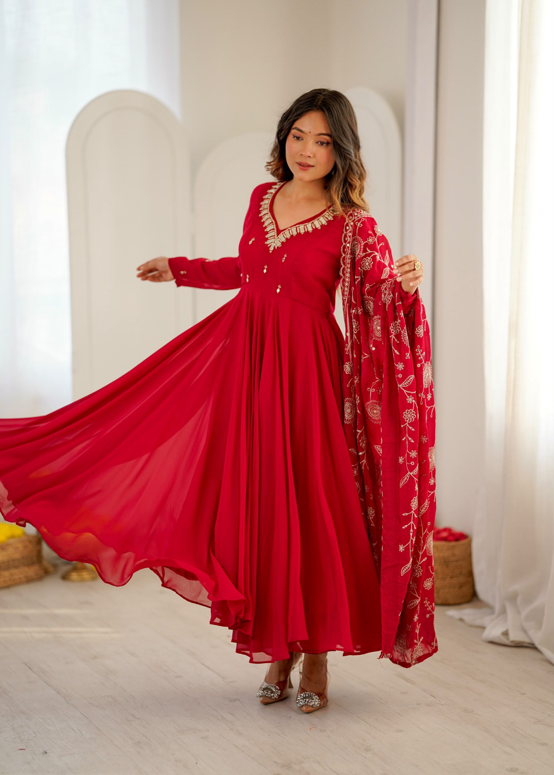 ZF 5025 Red Faux Georgette Gown Perfect for Wedding, Party, Raksha Bandhan, Temple Visit, Onam – . Get it for ₹2149. Delivery 4-6 Working Days. Shop now | Bollywood Gowns, Creative Gowns, Designer Gowns, Embroidered Gowns, Gowns, Party Wear Gowns