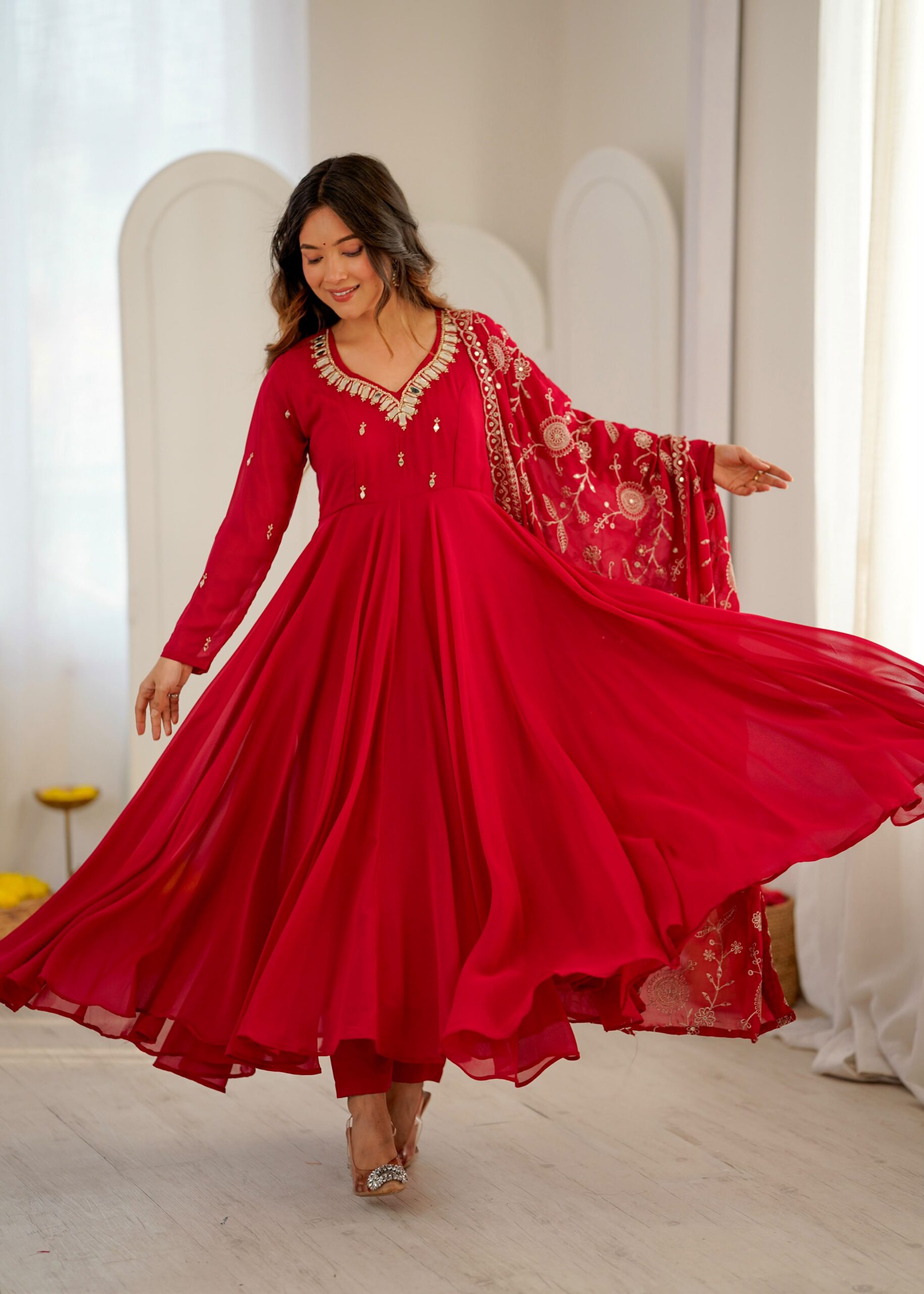 ZF 5025 Red Faux Georgette Gown Perfect for Wedding, Party, Raksha Bandhan, Temple Visit, Onam – . Get it for ₹2149. Delivery 4-6 Working Days. Shop now | Bollywood Gowns, Creative Gowns, Designer Gowns, Embroidered Gowns, Gowns, Party Wear Gowns