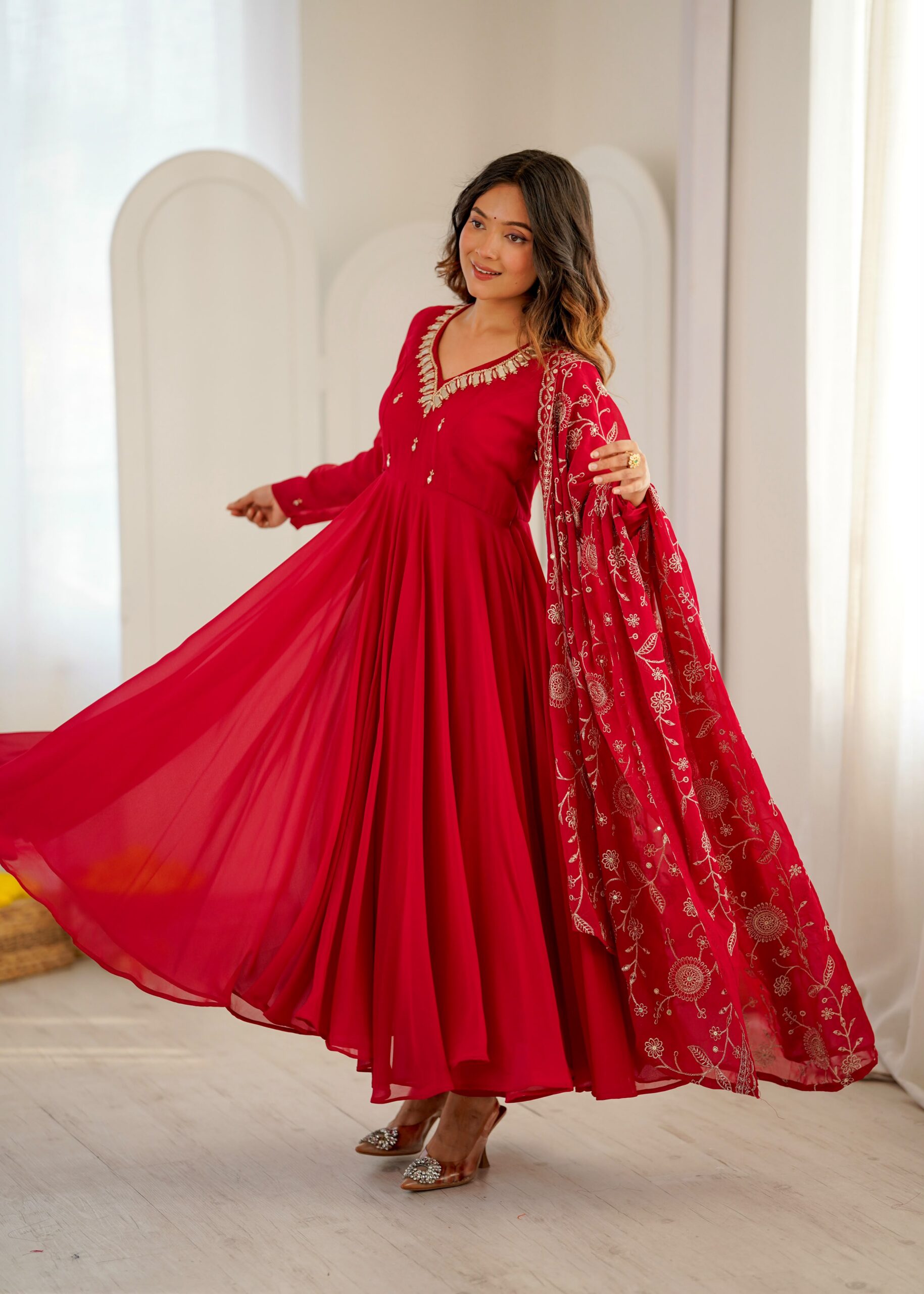 ZF 5025 Red Faux Georgette Gown Perfect for Wedding, Party, Raksha Bandhan, Temple Visit, Onam – . Get it for ₹2149. Delivery 4-6 Working Days. Shop now | Bollywood Gowns, Creative Gowns, Designer Gowns, Embroidered Gowns, Gowns, Party Wear Gowns