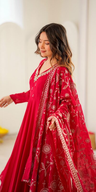 ZF 5025 Red Faux Georgette Gown Perfect for Wedding, Party, Raksha Bandhan, Temple Visit, Onam – . Get it for ₹2149. Delivery 4-6 Working Days. Shop now | Bollywood Gowns, Creative Gowns, Designer Gowns, Embroidered Gowns, Gowns, Party Wear Gowns