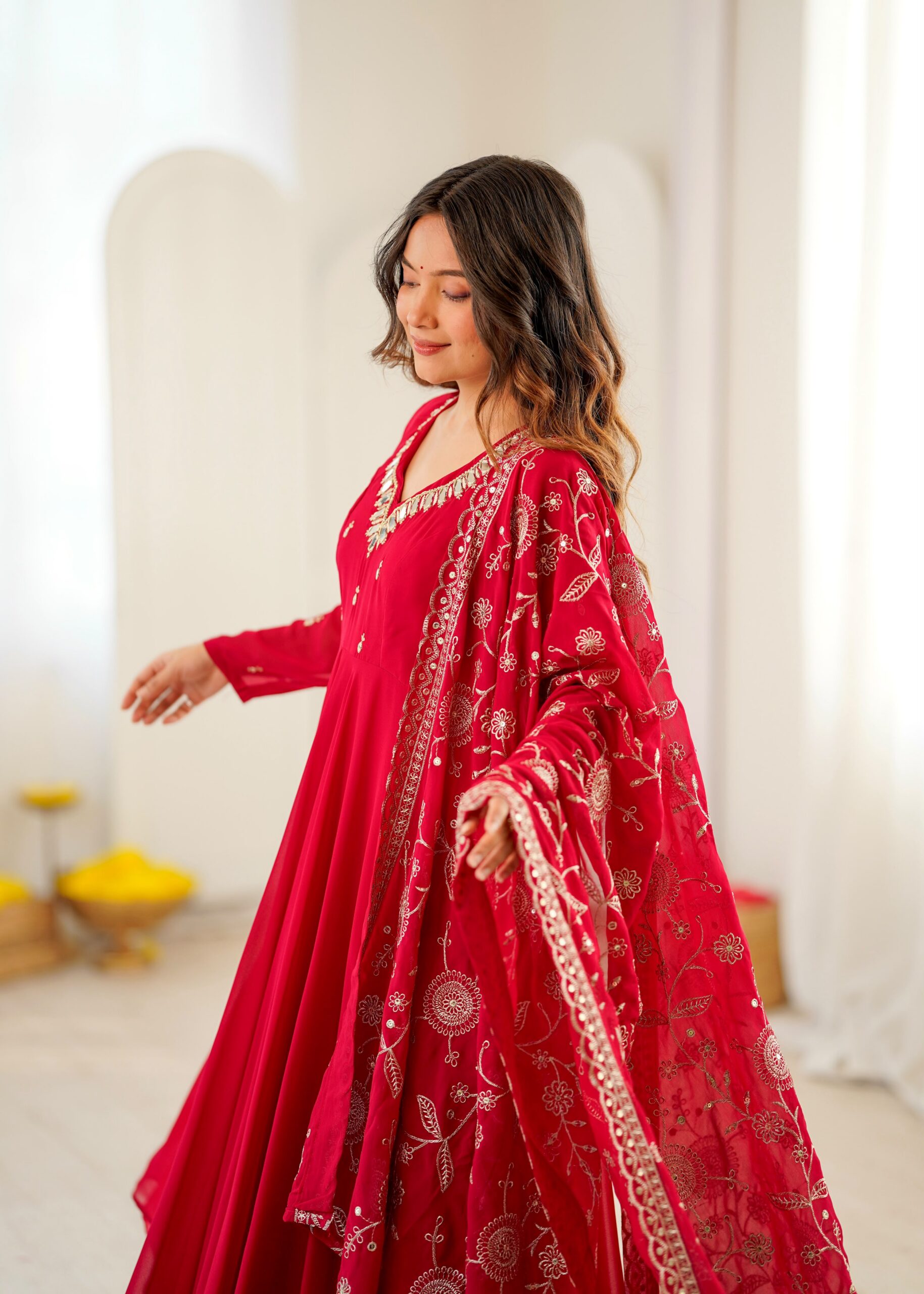 ZF 5025 Red Faux Georgette Gown Perfect for Wedding, Party, Raksha Bandhan, Temple Visit, Onam – . Get it for ₹2149. Delivery 4-6 Working Days. Shop now | Bollywood Gowns, Creative Gowns, Designer Gowns, Embroidered Gowns, Gowns, Party Wear Gowns