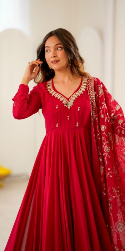 ZF 5025 Red Faux Georgette Gown Perfect for Wedding, Party, Raksha Bandhan, Temple Visit, Onam – . Get it for ₹2149. Delivery 4-6 Working Days. Shop now | Bollywood Gowns, Creative Gowns, Designer Gowns, Embroidered Gowns, Gowns, Party Wear Gowns