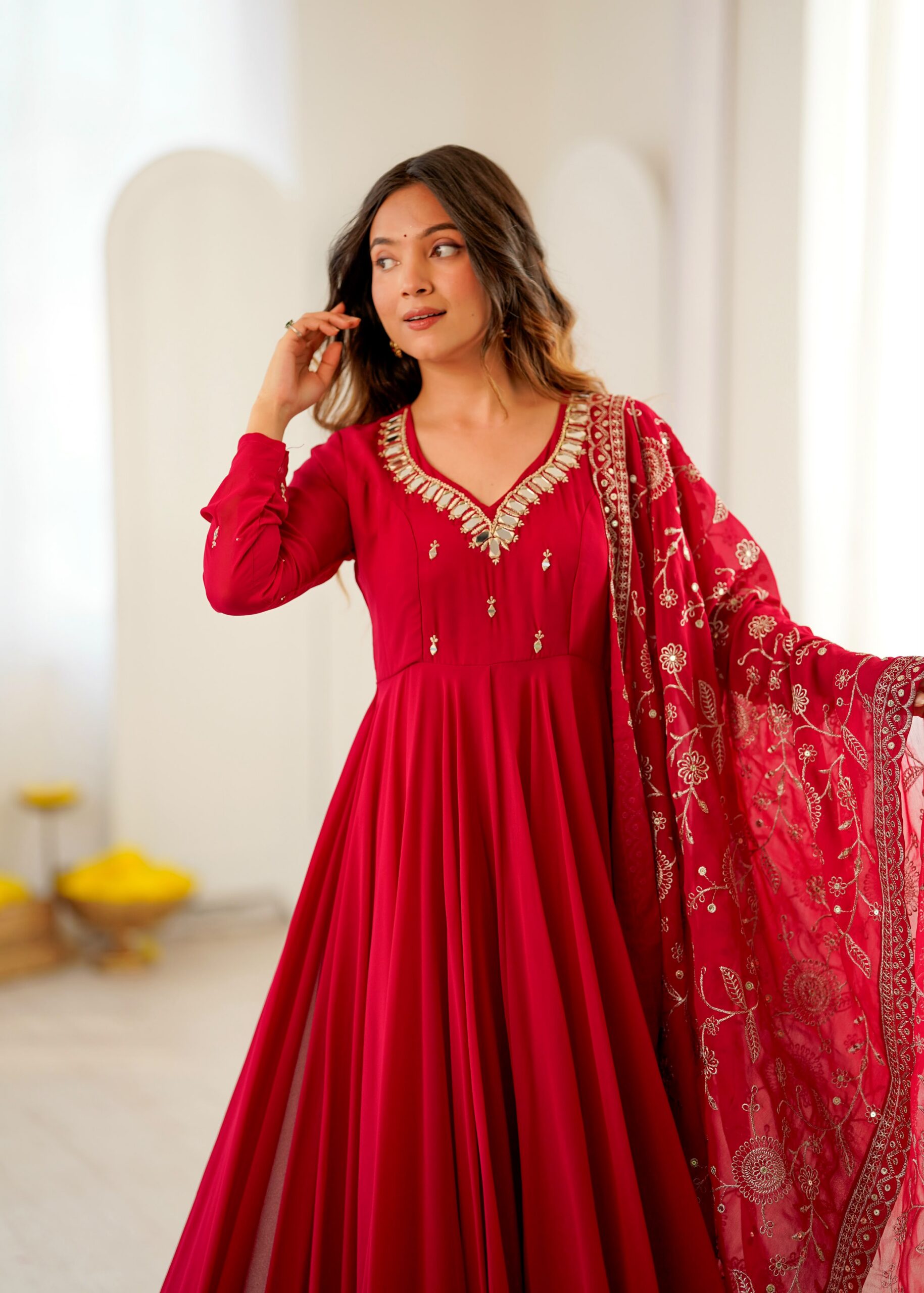 ZF 5025 Red Faux Georgette Gown Perfect for Wedding, Party, Raksha Bandhan, Temple Visit, Onam – . Get it for ₹2149. Delivery 4-6 Working Days. Shop now | Bollywood Gowns, Creative Gowns, Designer Gowns, Embroidered Gowns, Gowns, Party Wear Gowns