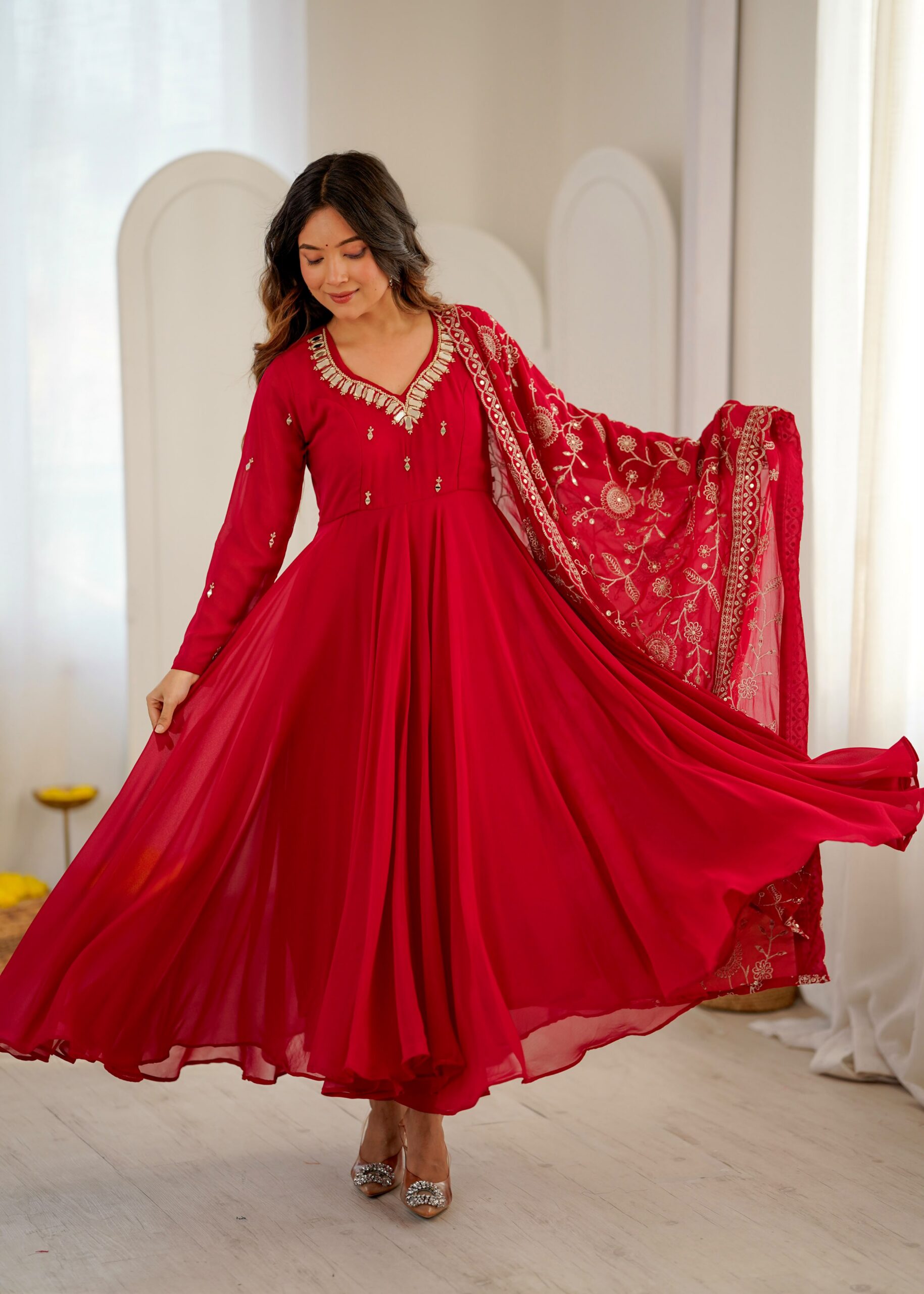 ZF 5025 Red Faux Georgette Gown Perfect for Wedding, Party, Raksha Bandhan, Temple Visit, Onam – . Get it for ₹2149. Delivery 4-6 Working Days. Shop now | Bollywood Gowns, Creative Gowns, Designer Gowns, Embroidered Gowns, Gowns, Party Wear Gowns