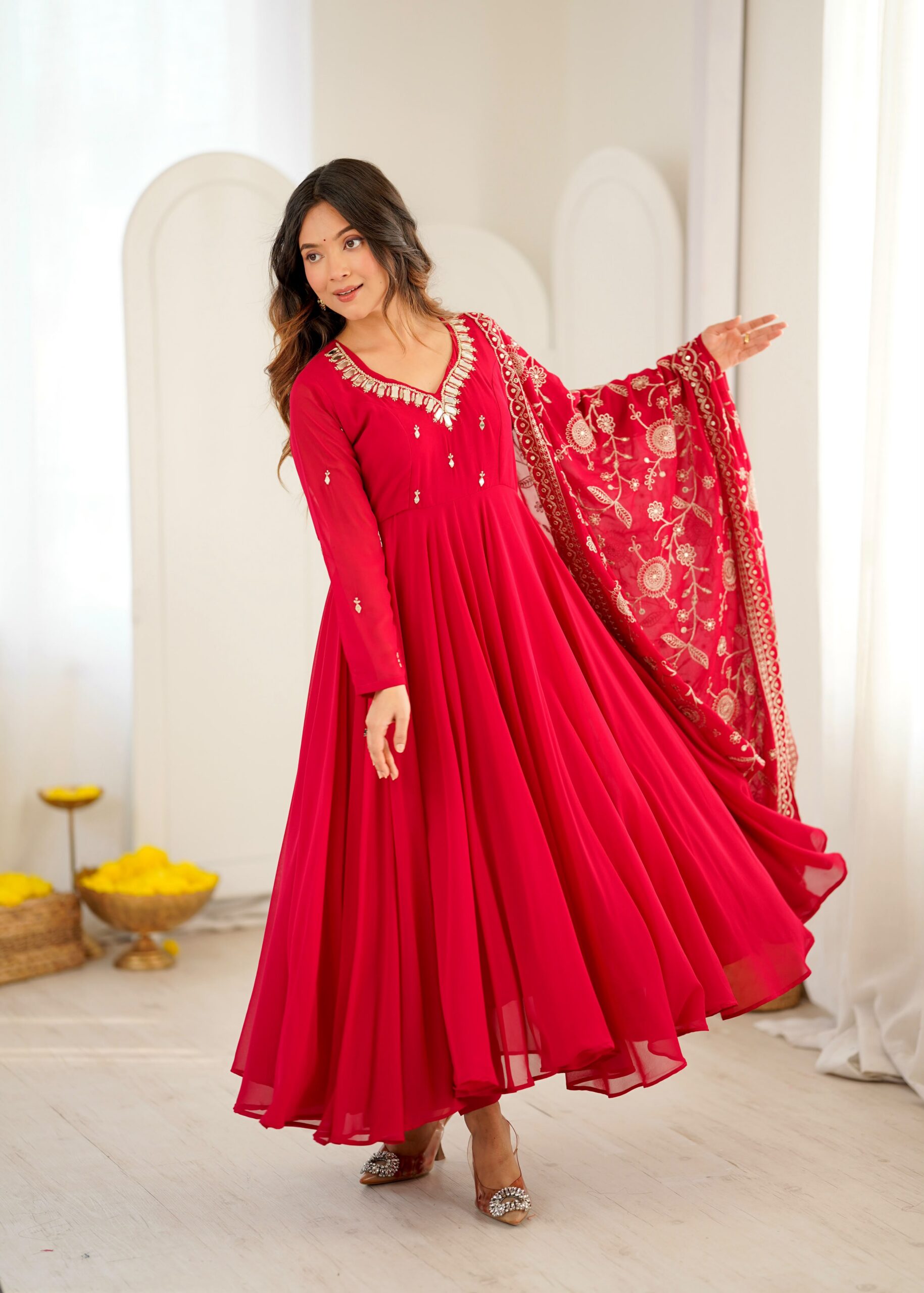 ZF 5025 Red Faux Georgette Gown Perfect for Wedding, Party, Raksha Bandhan, Temple Visit, Onam – . Get it for ₹2149. Delivery 4-6 Working Days. Shop now | Bollywood Gowns, Creative Gowns, Designer Gowns, Embroidered Gowns, Gowns, Party Wear Gowns