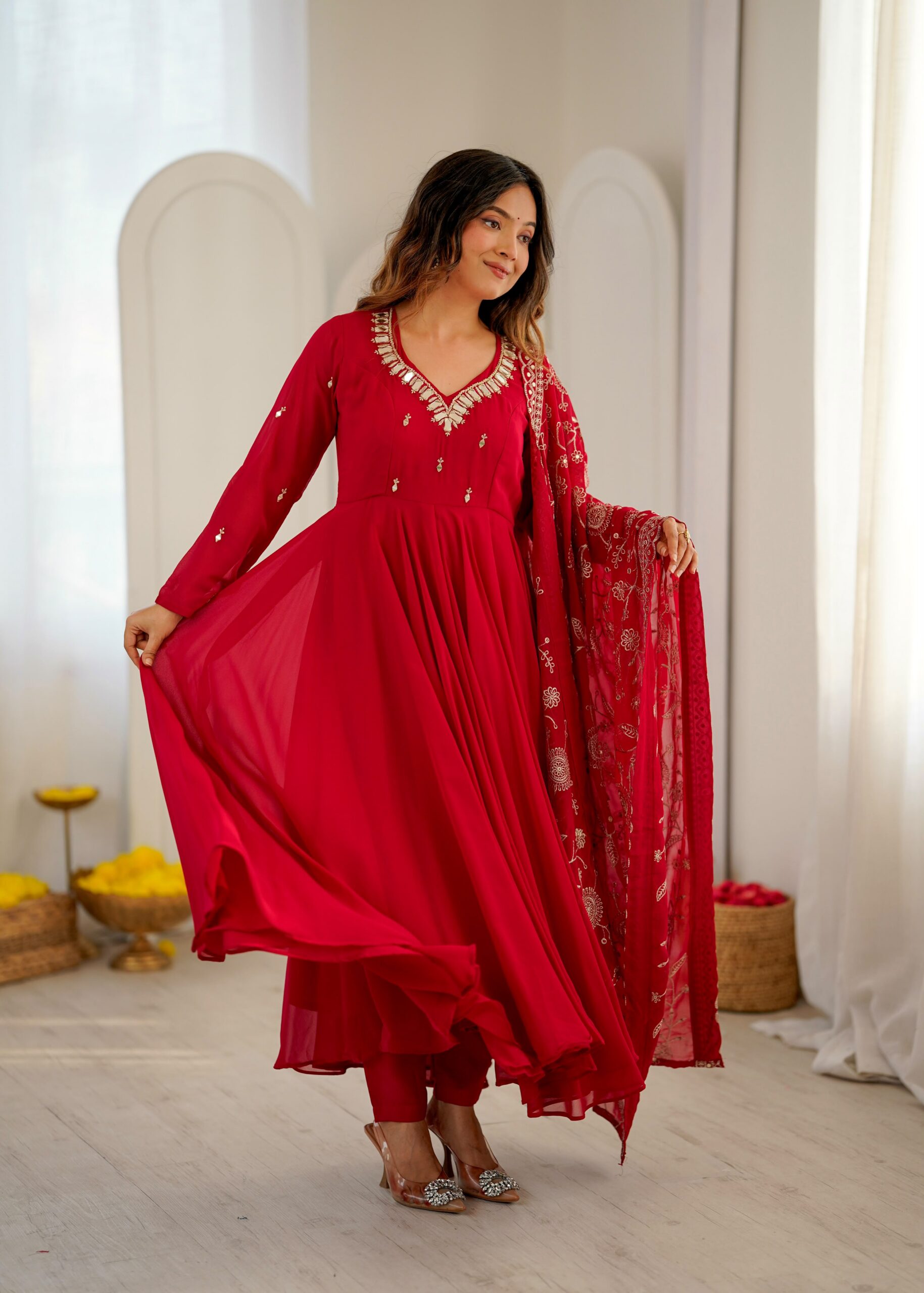 ZF 5025 Red Faux Georgette Gown Perfect for Wedding, Party, Raksha Bandhan, Temple Visit, Onam – . Get it for ₹2149. Delivery 4-6 Working Days. Shop now | Bollywood Gowns, Creative Gowns, Designer Gowns, Embroidered Gowns, Gowns, Party Wear Gowns