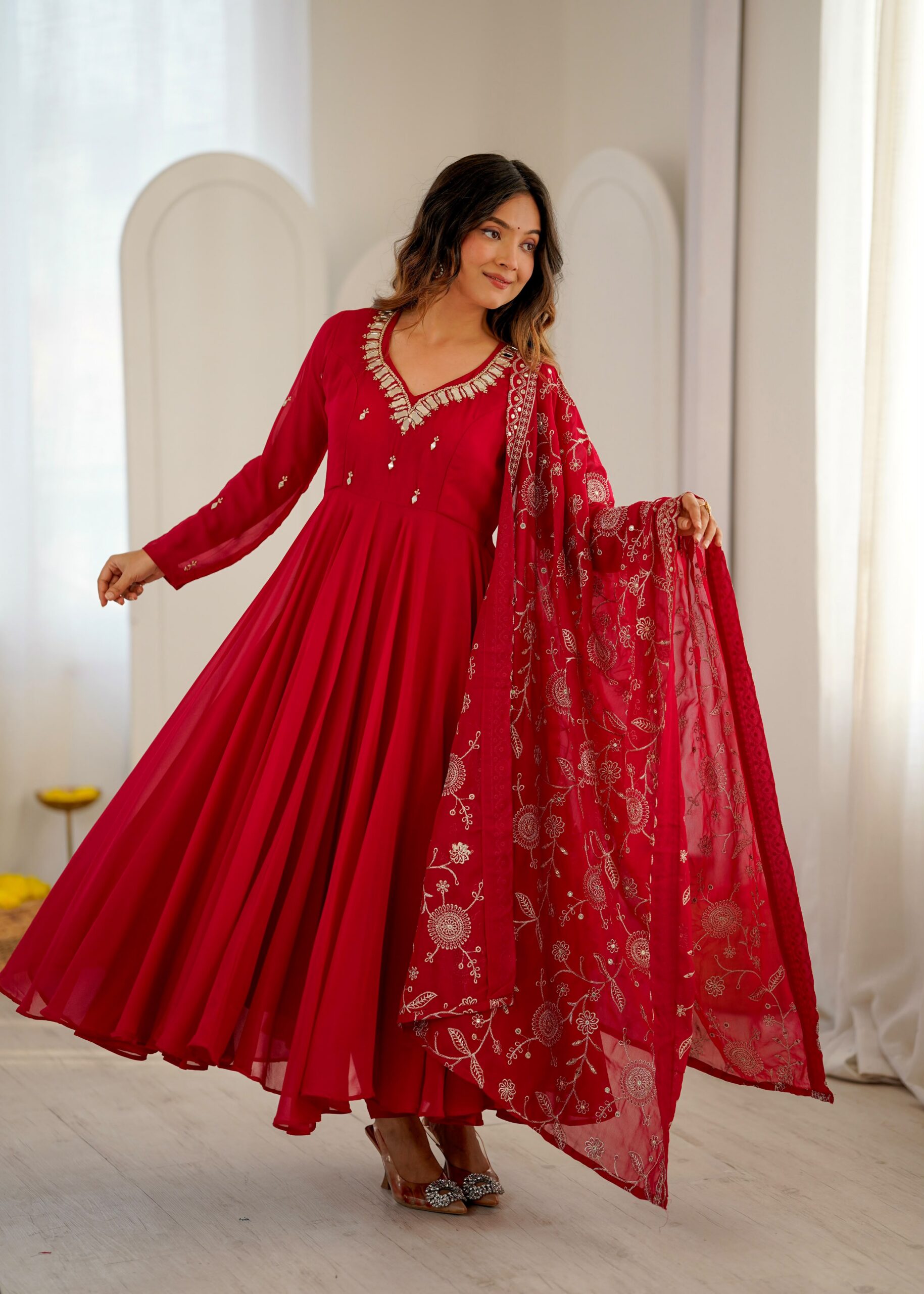 ZF 5025 Red Faux Georgette Gown Perfect for Wedding, Party, Raksha Bandhan, Temple Visit, Onam – . Get it for ₹2149. Delivery 4-6 Working Days. Shop now | Bollywood Gowns, Creative Gowns, Designer Gowns, Embroidered Gowns, Gowns, Party Wear Gowns