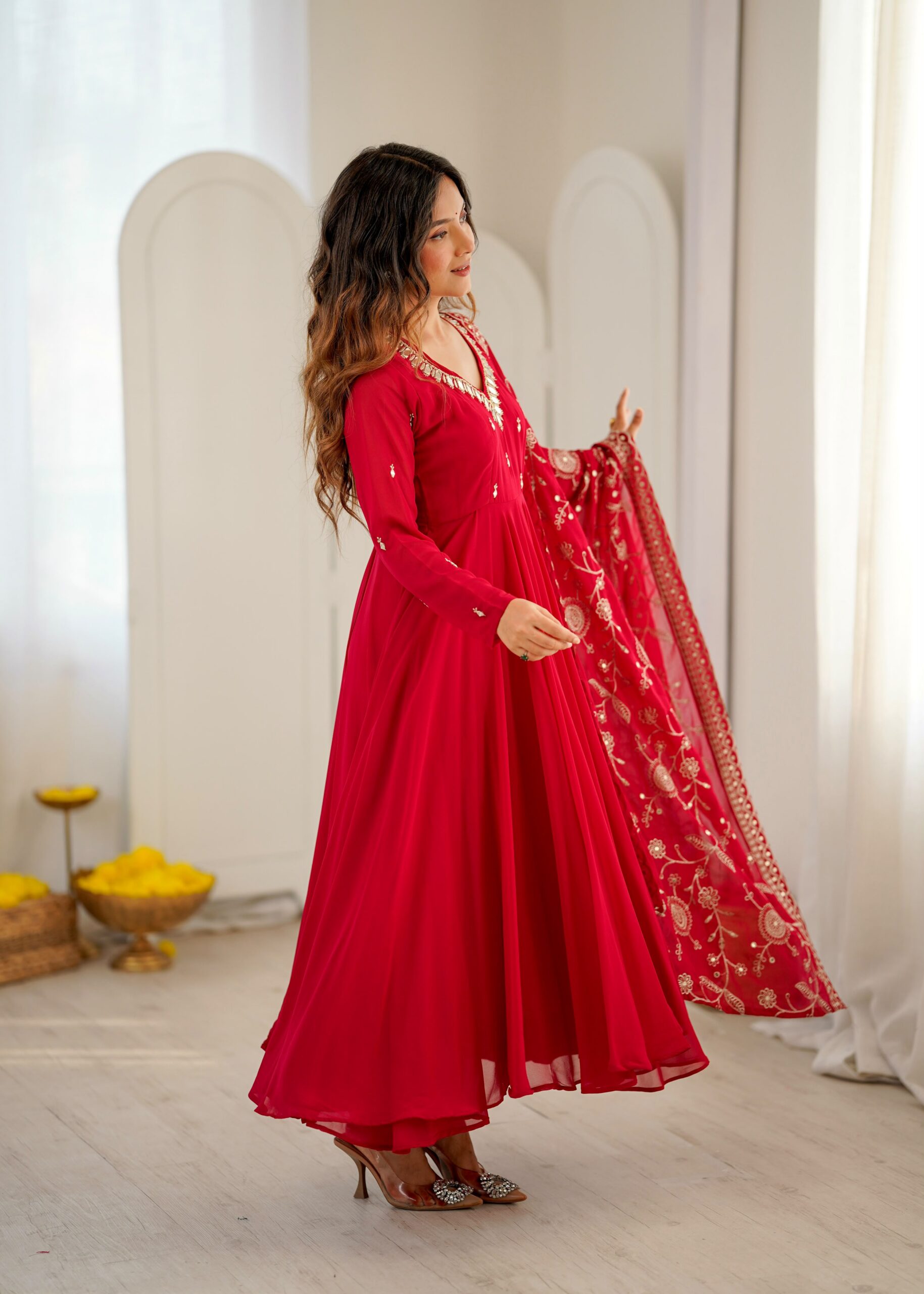 ZF 5025 Red Faux Georgette Gown Perfect for Wedding, Party, Raksha Bandhan, Temple Visit, Onam – . Get it for ₹2149. Delivery 4-6 Working Days. Shop now | Bollywood Gowns, Creative Gowns, Designer Gowns, Embroidered Gowns, Gowns, Party Wear Gowns