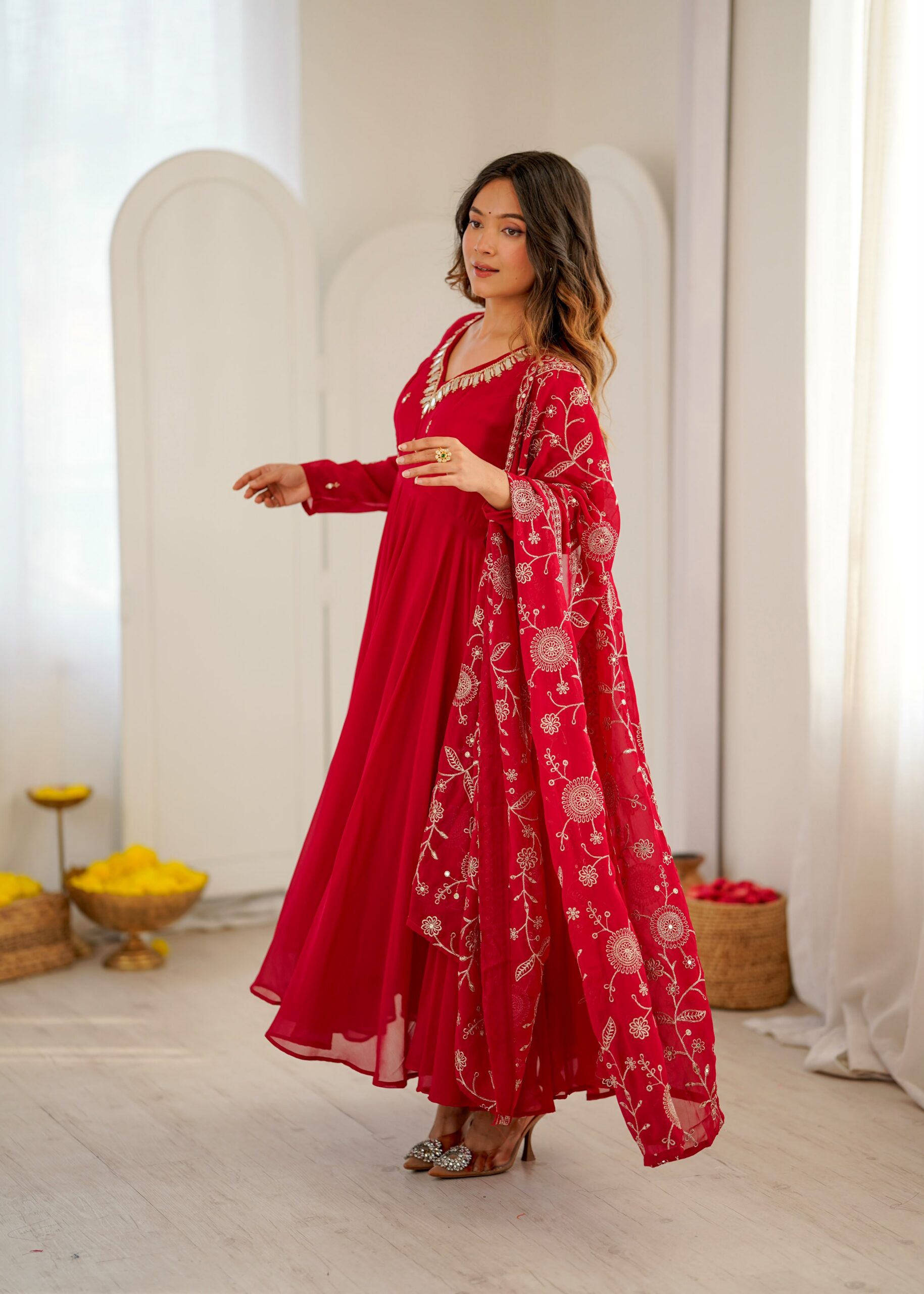 ZF 5025 Red Faux Georgette Gown Perfect for Wedding, Party, Raksha Bandhan, Temple Visit, Onam – . Get it for ₹2149. Delivery 4-6 Working Days. Shop now | Bollywood Gowns, Creative Gowns, Designer Gowns, Embroidered Gowns, Gowns, Party Wear Gowns