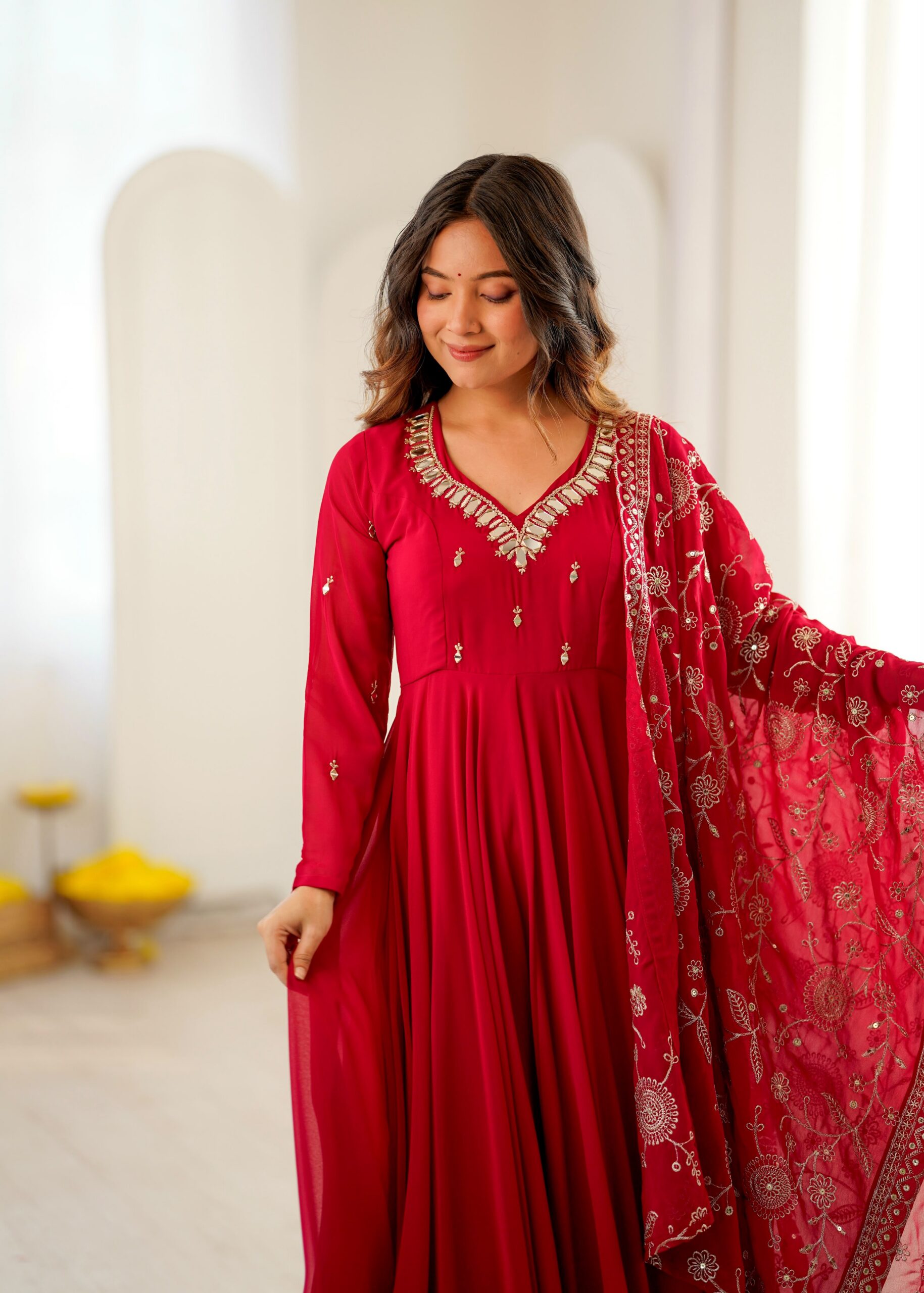ZF 5025 Red Faux Georgette Gown Perfect for Wedding, Party, Raksha Bandhan, Temple Visit, Onam – . Get it for ₹2149. Delivery 4-6 Working Days. Shop now | Bollywood Gowns, Creative Gowns, Designer Gowns, Embroidered Gowns, Gowns, Party Wear Gowns