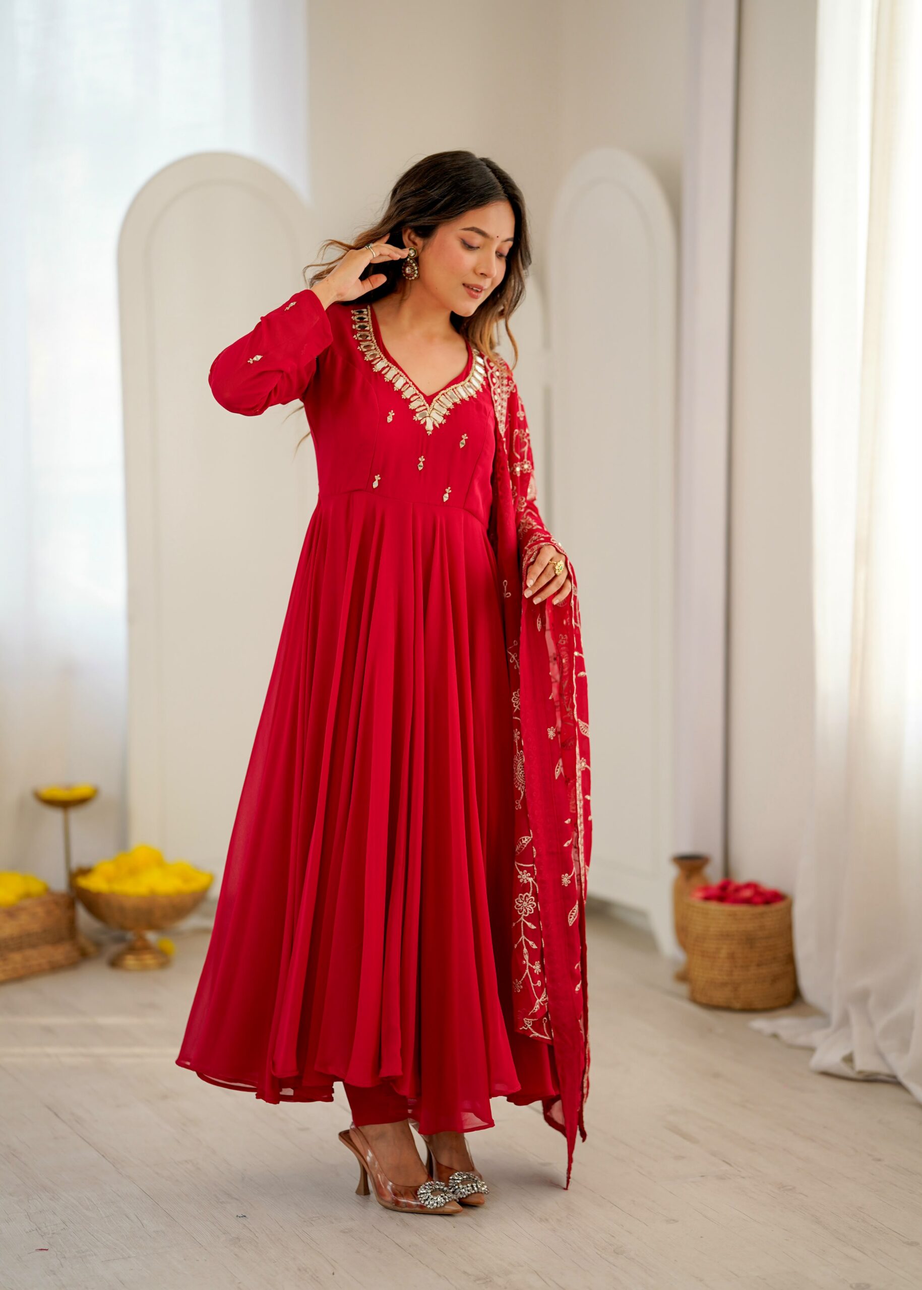 ZF 5025 Red Faux Georgette Gown Perfect for Wedding, Party, Raksha Bandhan, Temple Visit, Onam – . Get it for ₹2149. Delivery 4-6 Working Days. Shop now | Bollywood Gowns, Creative Gowns, Designer Gowns, Embroidered Gowns, Gowns, Party Wear Gowns